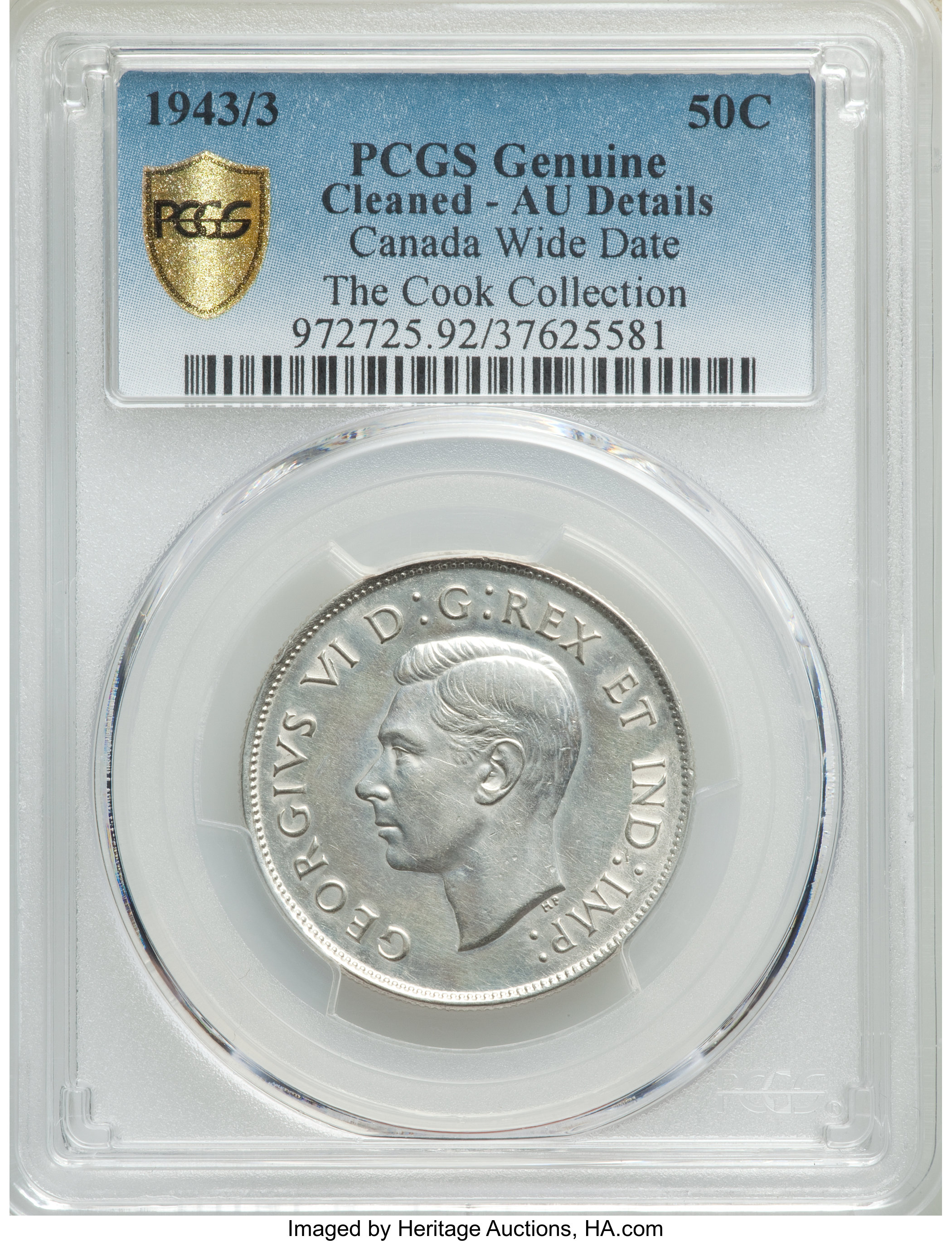 image for: George VI "Wide Date" 50 Cents 1943/3 AU Details (Cleaned) PCGS