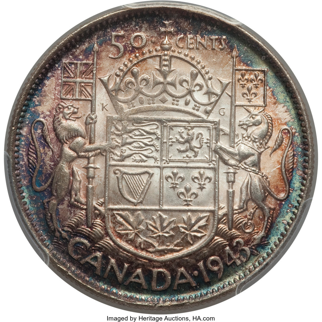 image for: George VI "Far 3" 50 Cents 1943 MS64+ PCGS