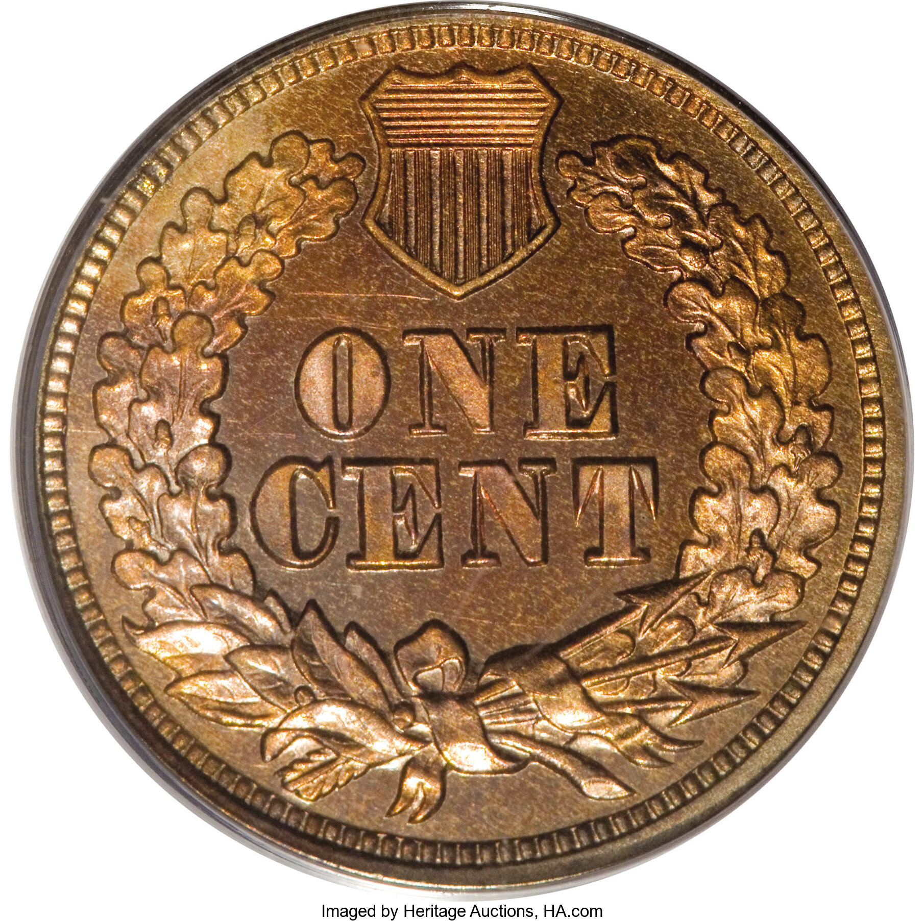 image for: 1865 1C PR64 Red Cameo PCGS. Plain 5. The brick-red centers are framed by orange-gold. A prominently mirrored Choice cent w...