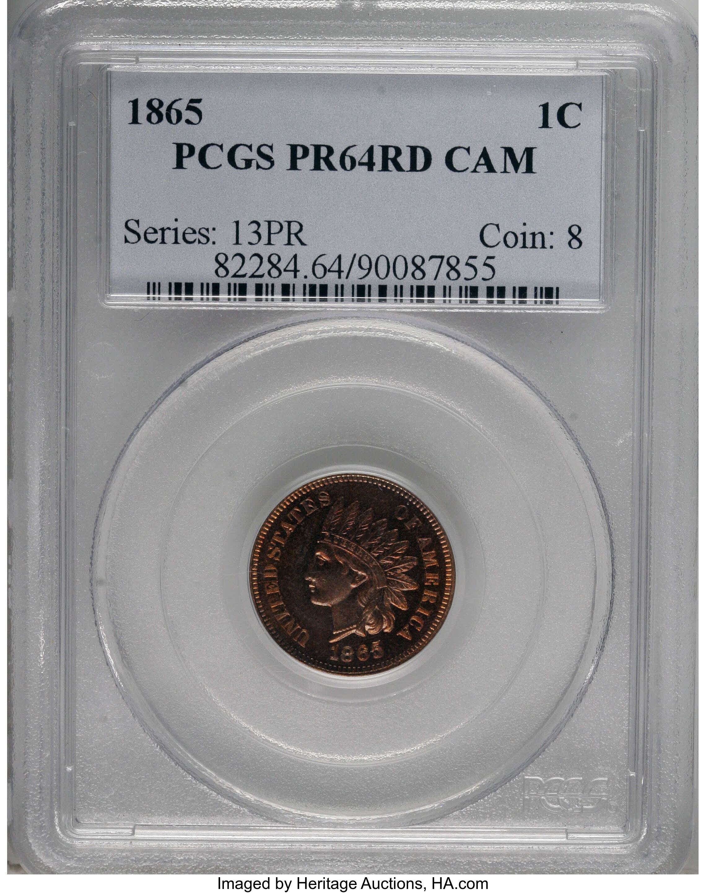 image for: 1865 1C PR64 Red Cameo PCGS. Plain 5. The brick-red centers are framed by orange-gold. A prominently mirrored Choice cent w...