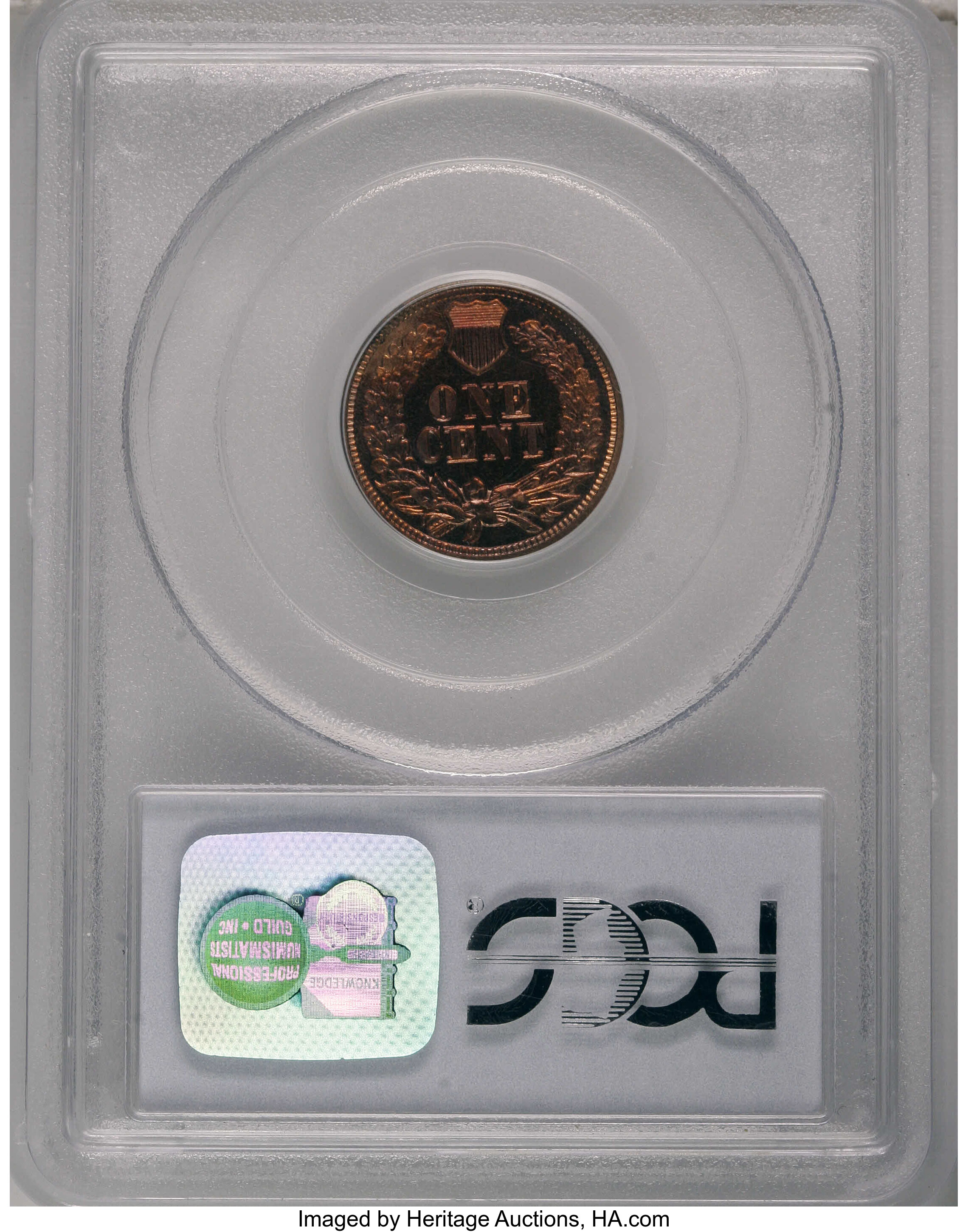 image for: 1865 1C PR64 Red Cameo PCGS. Plain 5. The brick-red centers are framed by orange-gold. A prominently mirrored Choice cent w...