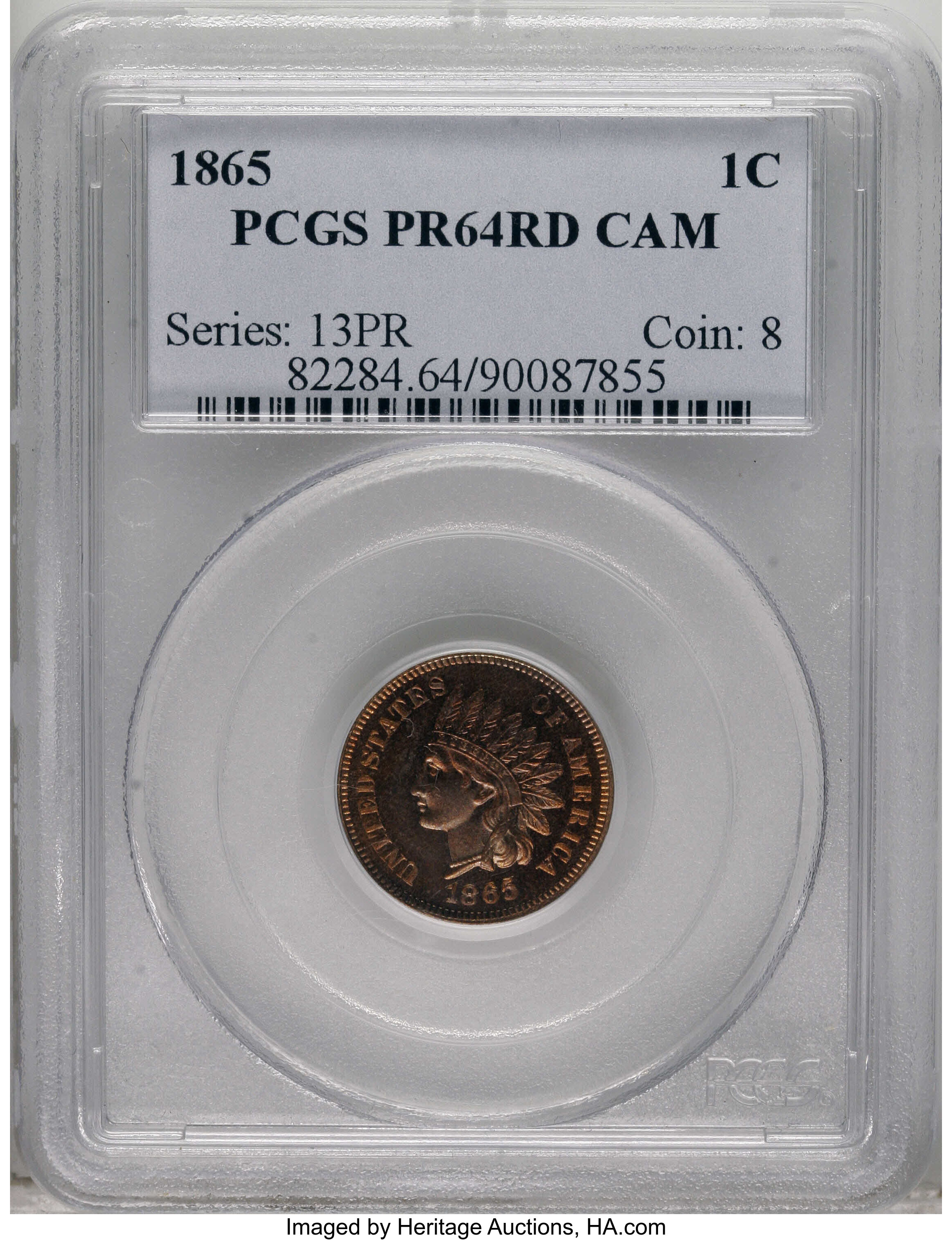 image for: 1865 1C PR64 Red Cameo PCGS. Plain 5. The brick-red centers are framed by orange-gold. A prominently mirrored Choice cent w...