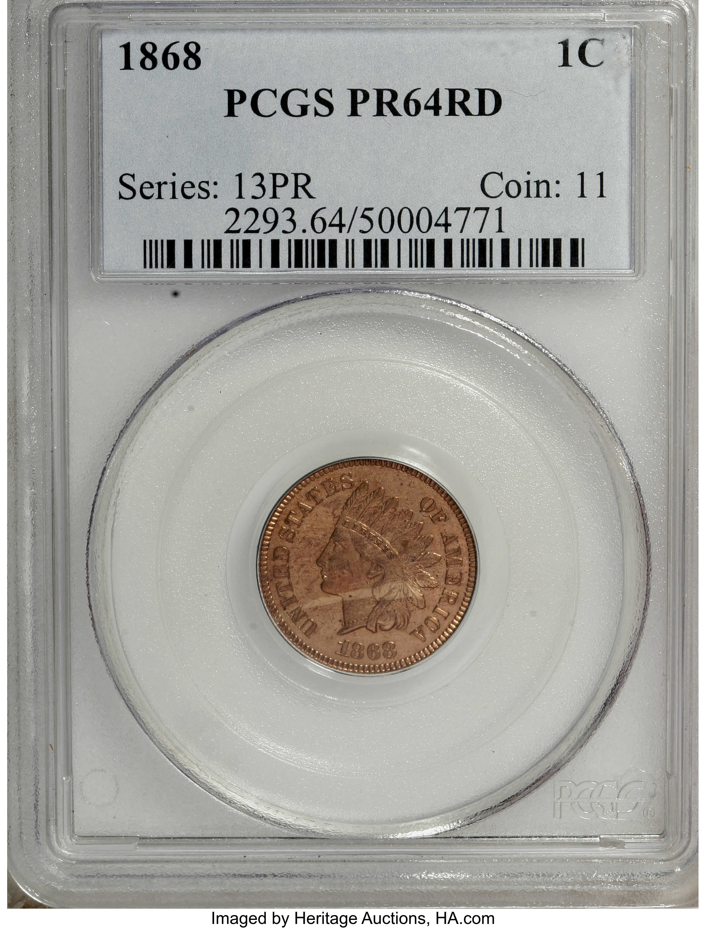 image for: 1868 1C PR64 Red PCGS. Crisply struck throughout, with an opaque coating of reddish-orange patina over each side. Distracti...