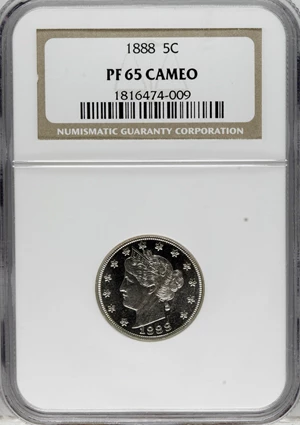 image for: 1888 5C PR65 Cameo NGC. Both sides of this sharply struck Gem proof have brilliant nickel-gray surfaces with deeply mirrore...