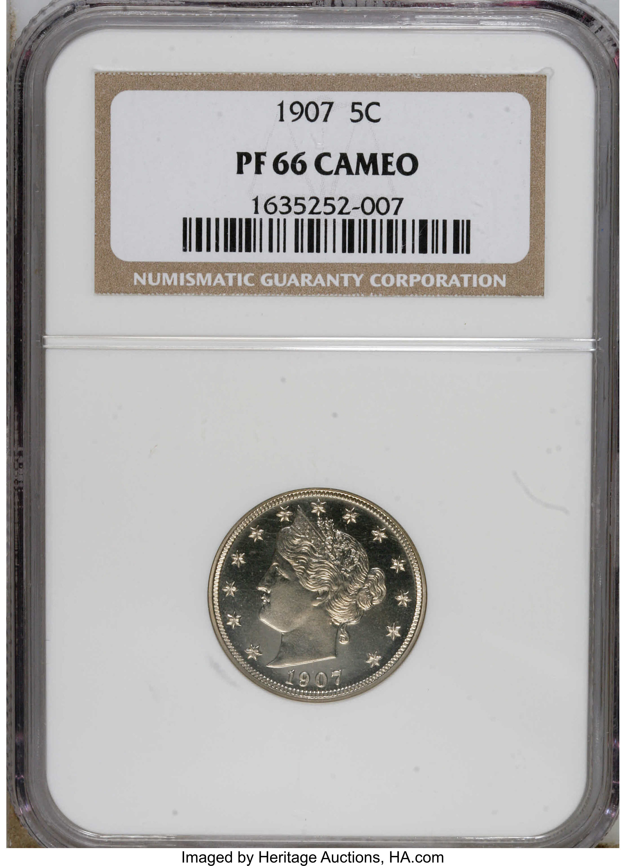 image for: 1907 5C PR66 Cameo NGC. A striking cameo with dark mirrors and dynamically frosted devices. Well struck and essentially unt...