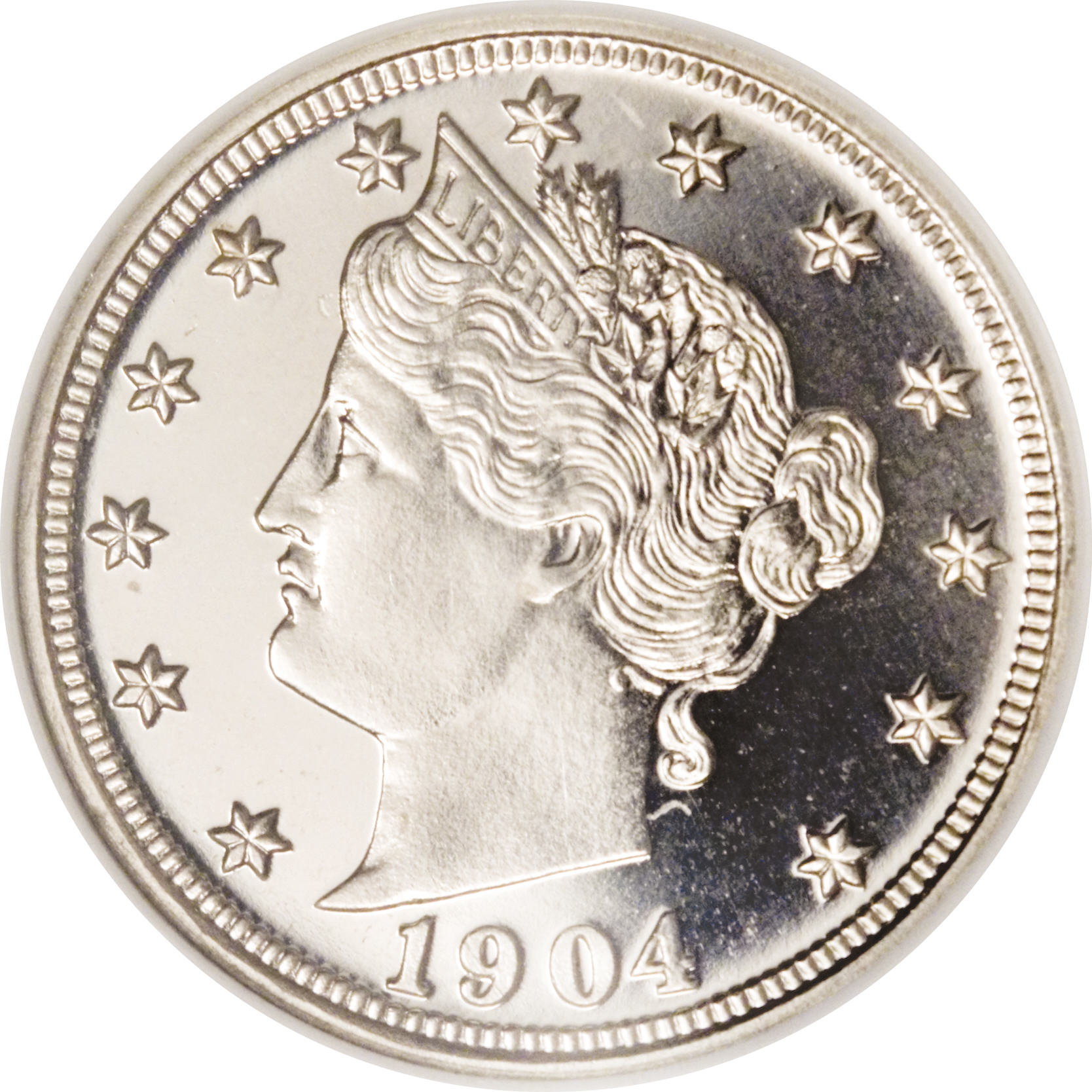 image for: 1904 5C PR67 Cameo NGC. 1904 nickels with a Cameo finish are few and far between as evidenced by the census/population data...