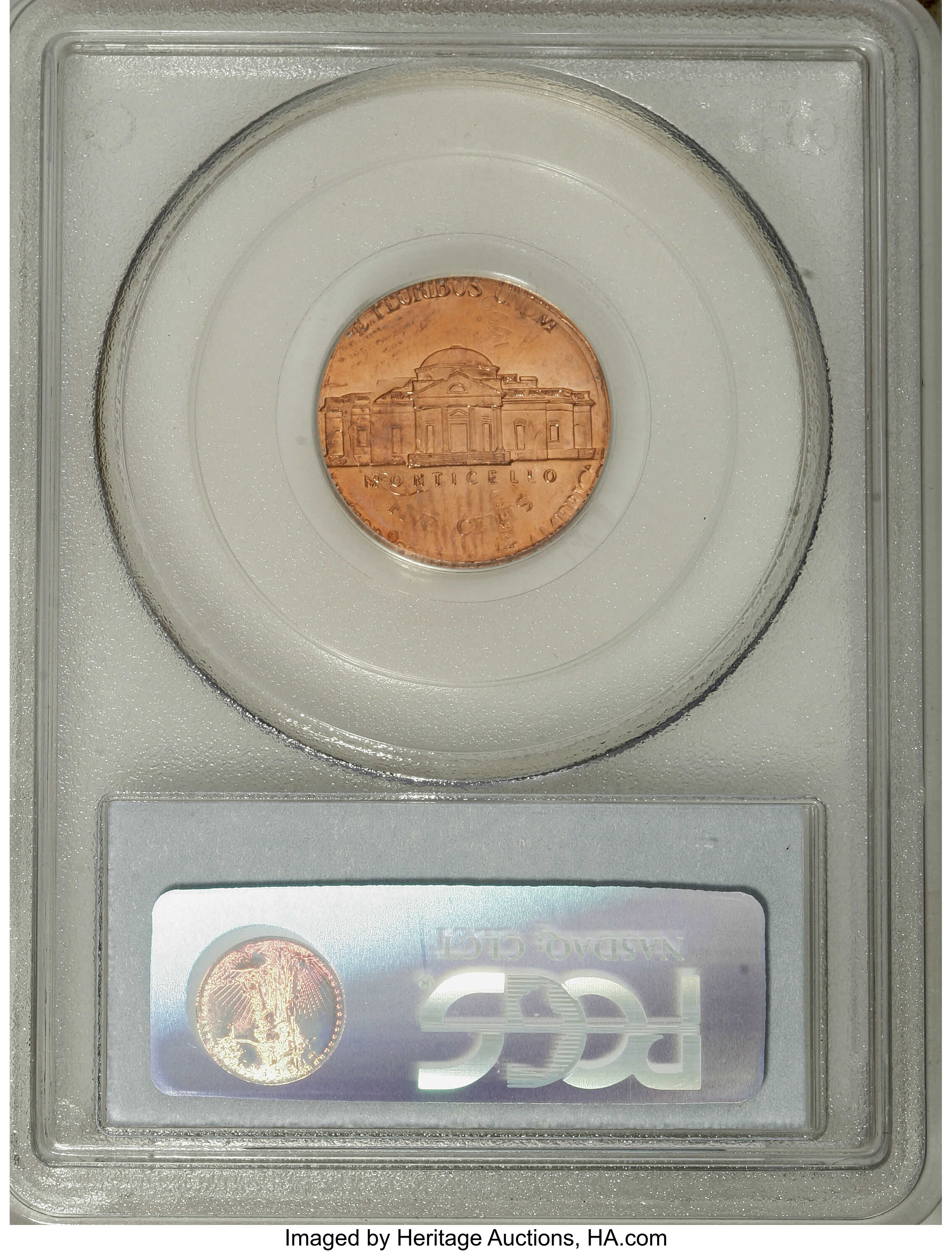 image for: 1999-D 5C Jefferson Nickel--Double Denomination, Struck on a 1999-D Cent--MS64 Red PCGS. The date and mintmark of the cent ...