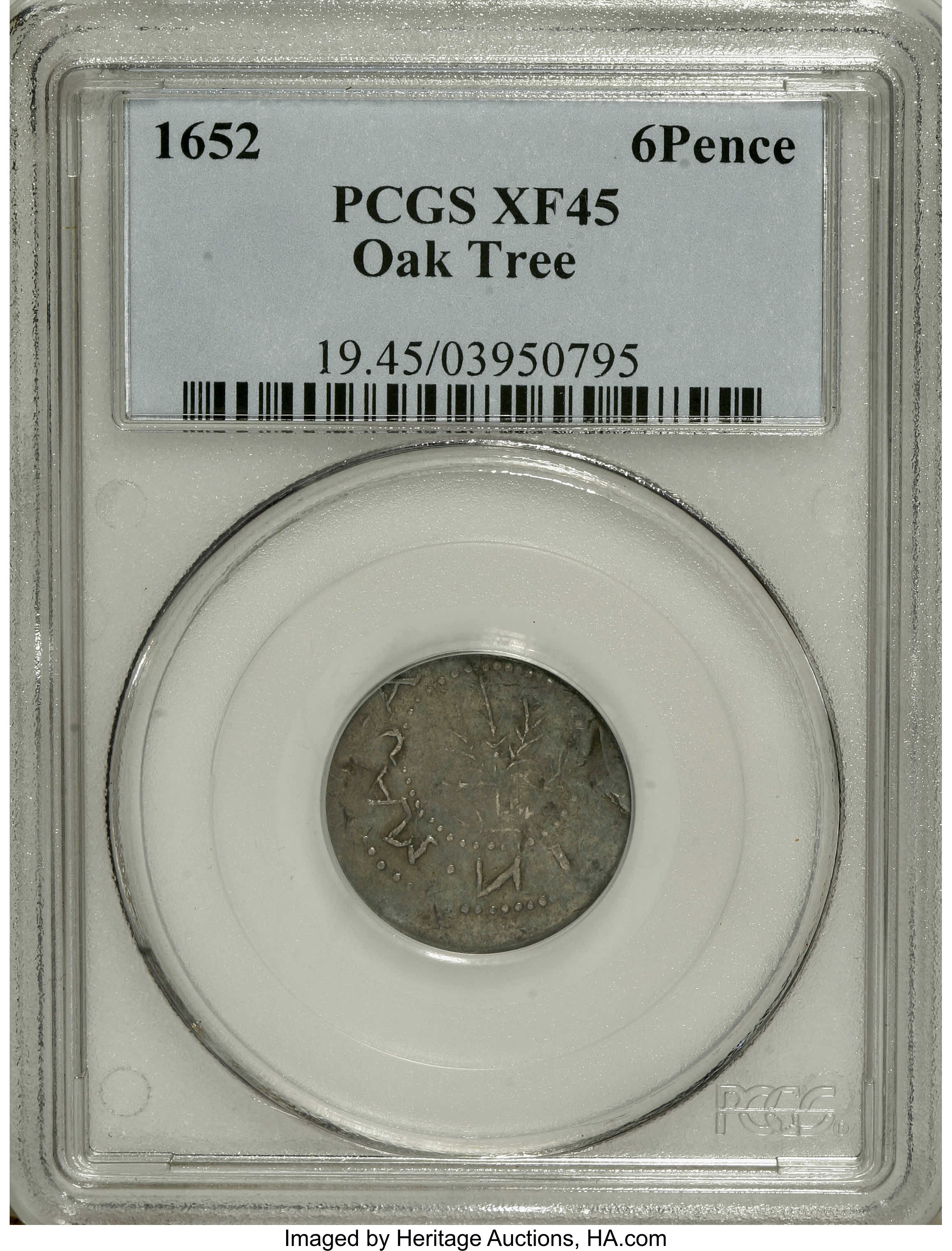 image for: 1652 6PENCE Oak Tree Sixpence XF45 PCGS. Crosby 1b-D, Noe-22, R.5. Similar to Noe-21, but the first S in MASATHVSETS has be...