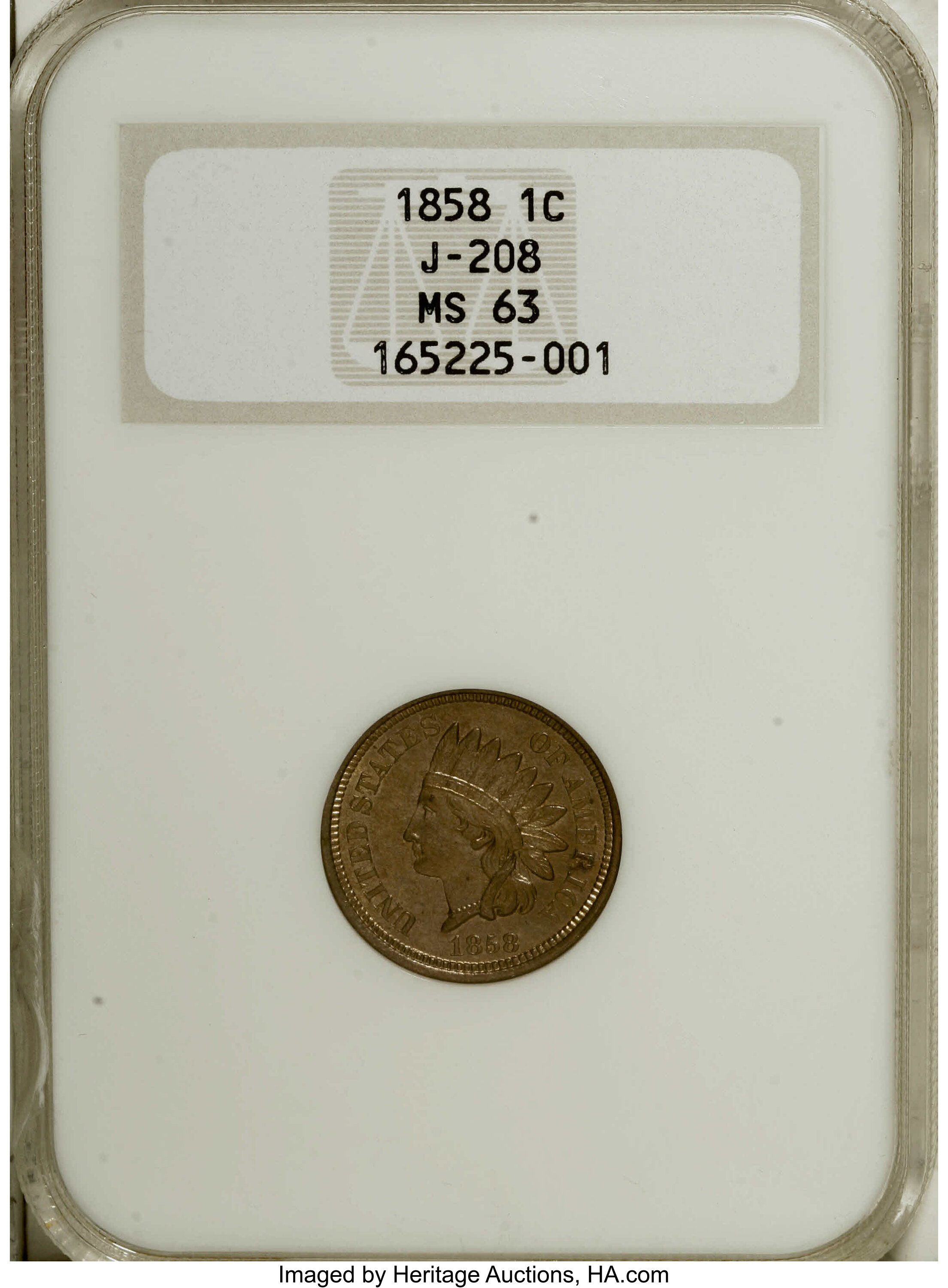 image for: 1858 P1C Indian Cent, Judd-208, Pollock-259, R.1, MS63 NGC. ...