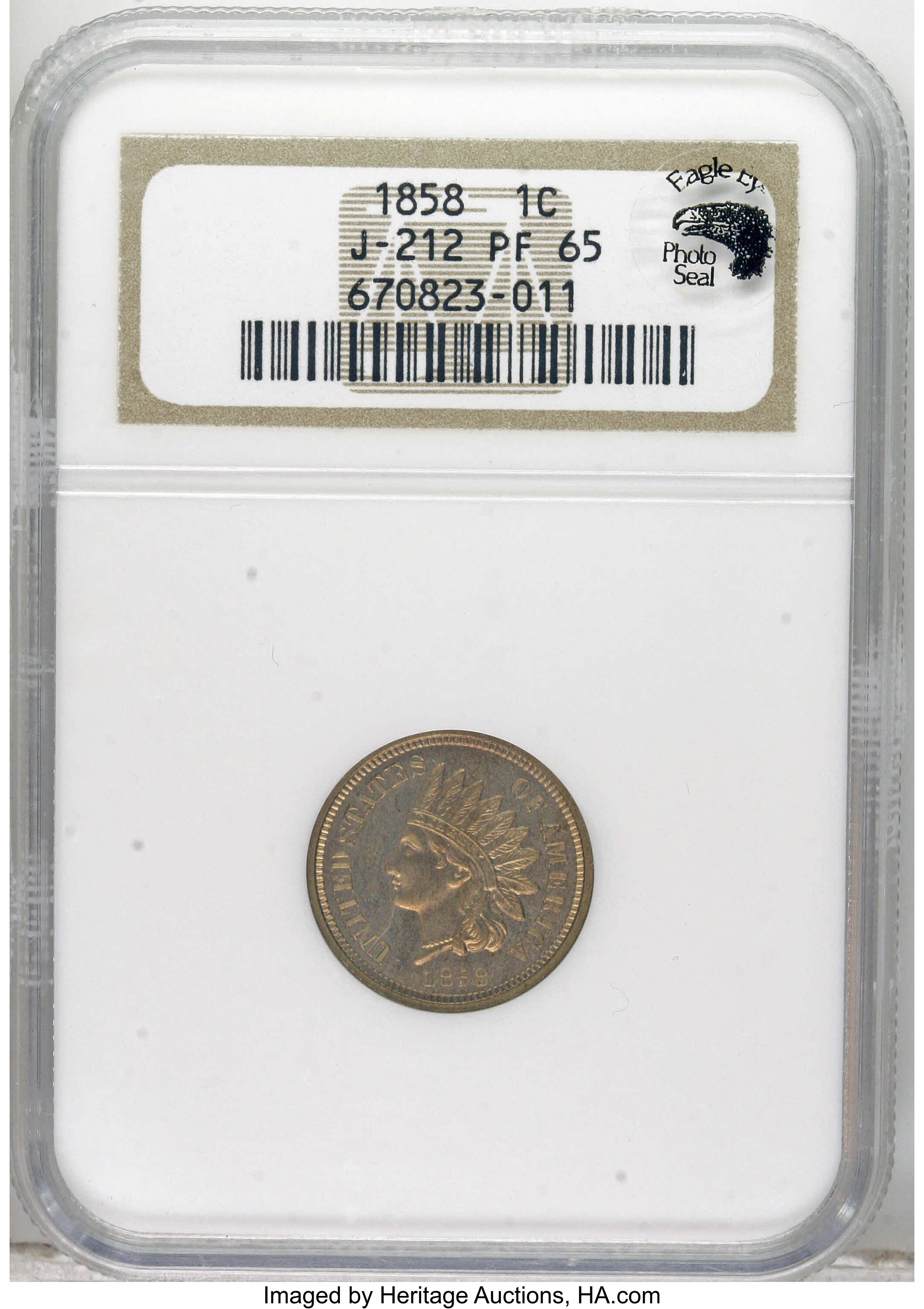 image for: 1858 P1C Indian Cent, Judd-212, Pollock-263, Snow-PT25, R.4, PR65 NGC. Eagle Eye Photo Seal, card included. The obverse fea...