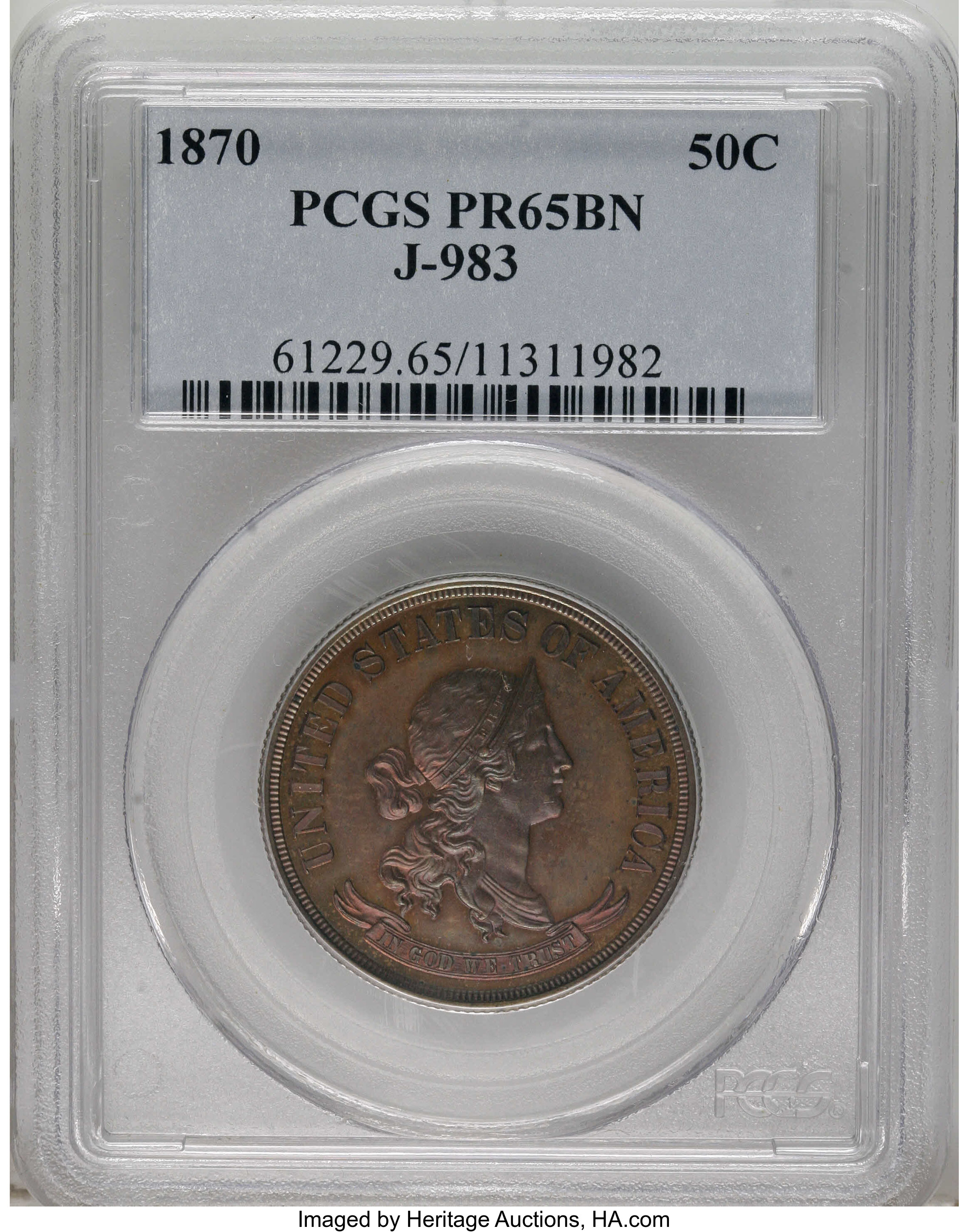 image for: 1870 50C Standard Silver Half Dollar, Judd-983, Pollock-1103, High R.7, PR65 Brown PCGS. The obverse shows a bust of Libert...
