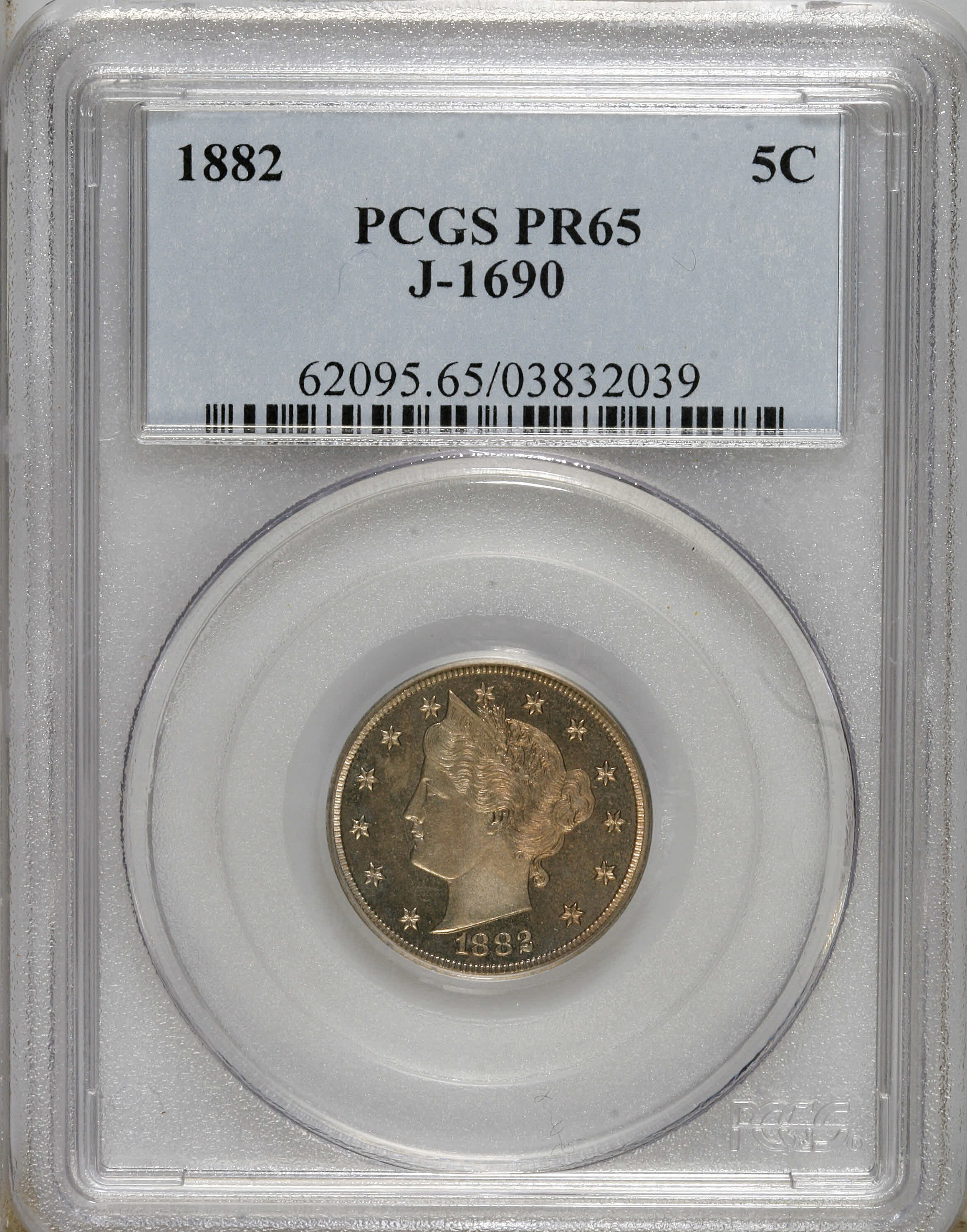 image for: 1882 5C Liberty Head Five Cents, Judd-1690, Pollock-1892, R.5, PR65 PCGS. This pattern is similar to the regular-issue Libe...