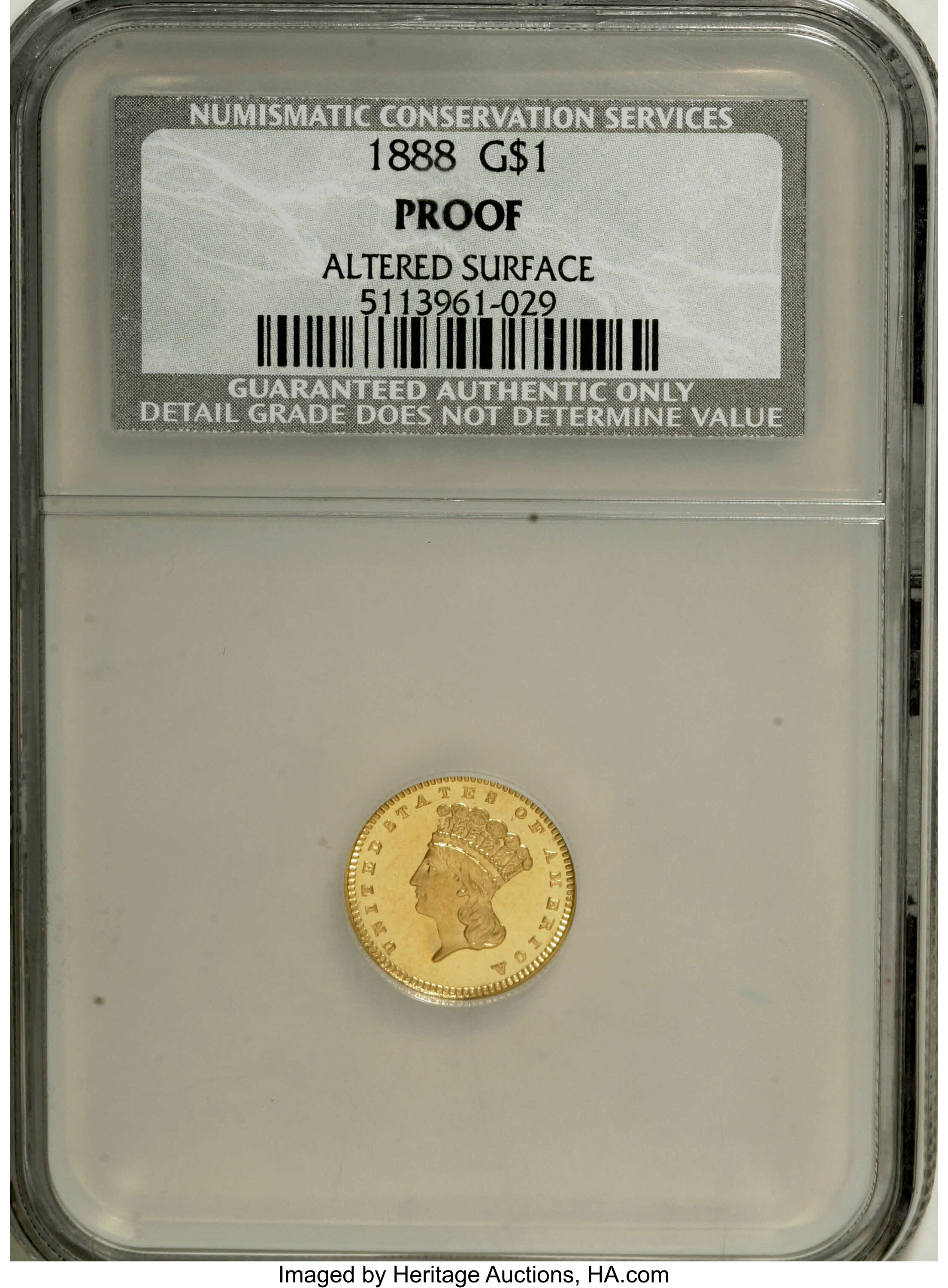 image for: 1888 G$1 --Altered Surface--NCS. Proof. The coin grades PR60 or better and presents well. The fields are deeply reflective a...
