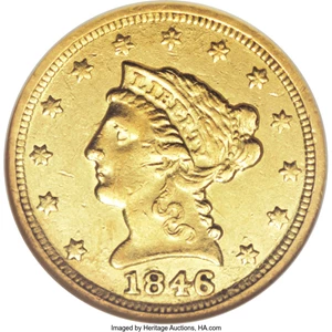 image for: 1846-C $2 1/2 AU55 NGC. Variety 7-F. This luminous sun-gold Charlotte Mint example has few marks, and the strike is good sa...