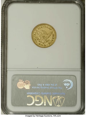 image for: 1846-C $2 1/2 AU55 NGC. Variety 7-F. This luminous sun-gold Charlotte Mint example has few marks, and the strike is good sa...