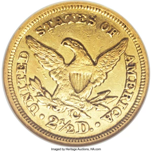 image for: 1846-C $2 1/2 AU55 NGC. Variety 7-F. This luminous sun-gold Charlotte Mint example has few marks, and the strike is good sa...