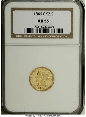image for: 1846-C $2 1/2 AU55 NGC. Variety 7-F. This luminous sun-gold Charlotte Mint example has few marks, and the strike is good sa...