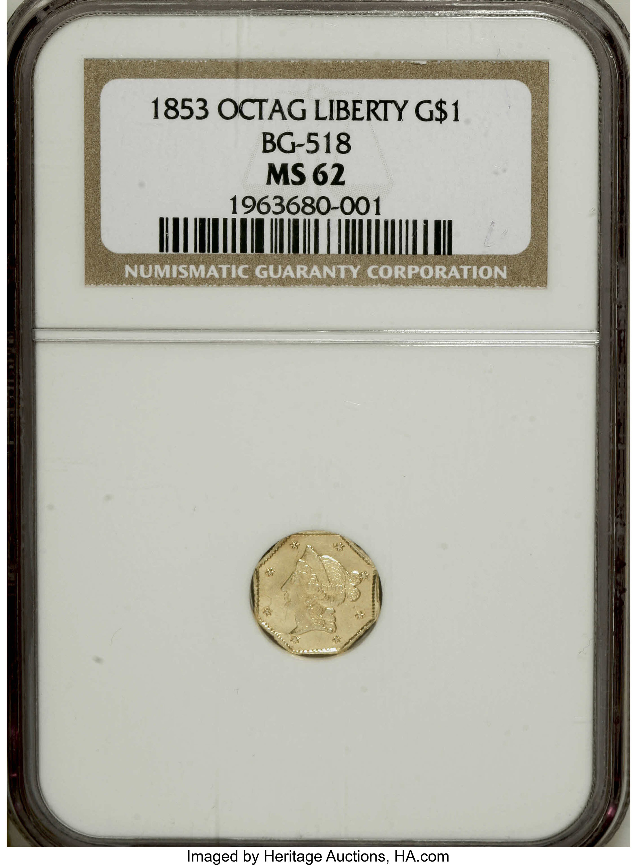 image for: 1853 $1 Liberty Octagonal 1 Dollar, BG-518, R.5, MS62 NGC. A difficult to find Period One octagonal dollar variety, certain...
