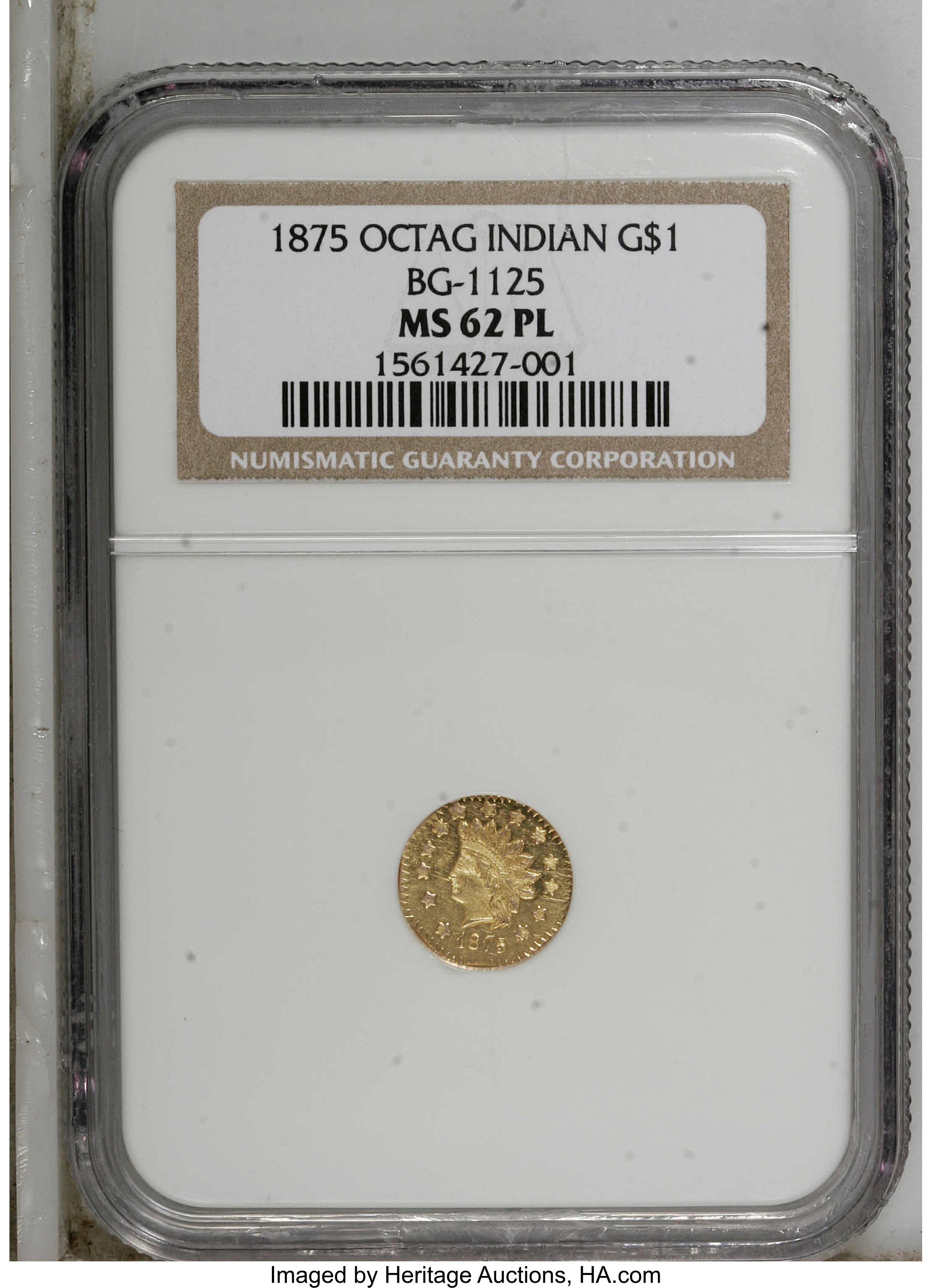 image for: 1875 $1 Indian Octagonal 1 Dollar, BG-1125, Low R.5, MS62 Prooflike NGC. A well struck example of this very scarce Indian h...
