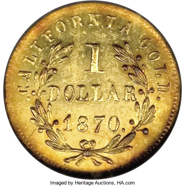 image for: 1870 $1 Goofy Head Round 1 Dollar, BG-1205, High R.4, MS61 NGC. The popular "goofy" head variety. Generally nicely struck, ...