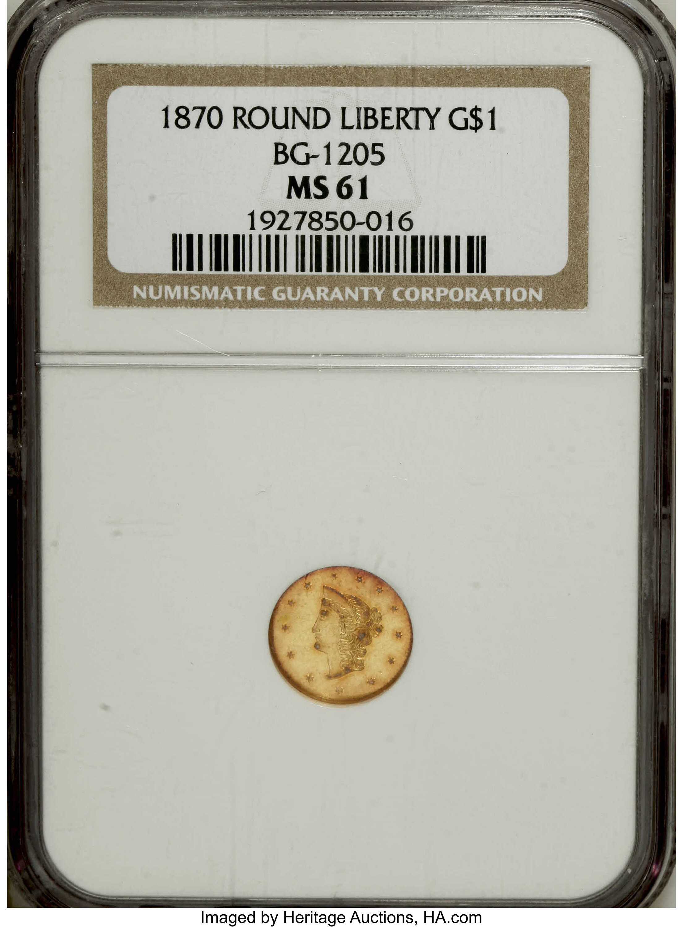 image for: 1870 $1 Goofy Head Round 1 Dollar, BG-1205, High R.4, MS61 NGC. The popular "goofy" head variety. Generally nicely struck, ...