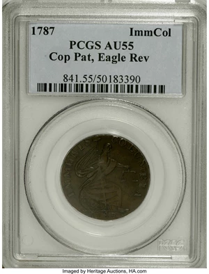image for: 1787 PIECE Immunis Columbia Piece, Eagle Reverse AU55 PCGS. Crosby Pl. VIII, 8. Breen-1137. A beautiful medium brown piece ...
