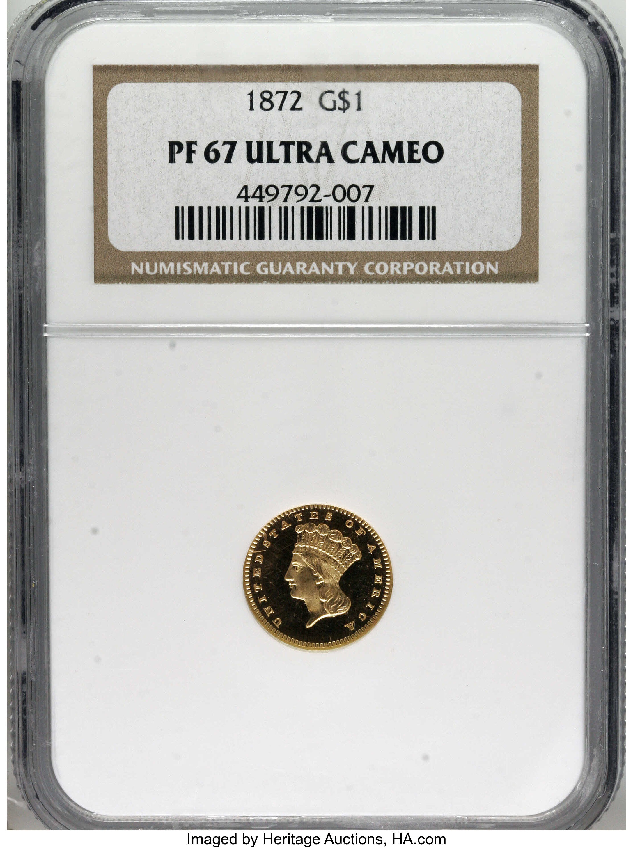 image for: 1872 G$1 PR67 Ultra Cameo NGC. The 1872 One dollar proof shows a mintage of 30 pieces. Jeff Garrett and Ron Guth, in their ...