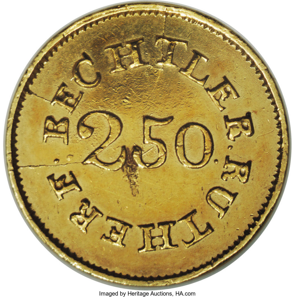 image for: (1837-42) $2 1/2 C. Bechtler Quarter Eagle, 67G. 21C.--Cleaned--ANACS. Unc Details, Net AU50. K-10, R.5. Produced by a fami...