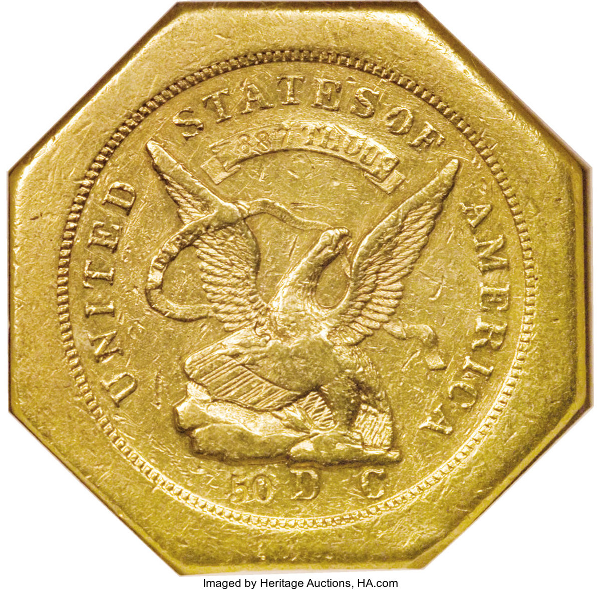 image for: 1851 $50 LE Humbert Fifty Dollar, 887 Thous. 50 Rev. MS60 NGC. Kagin-4, High R.5. This is an important example of Californi...