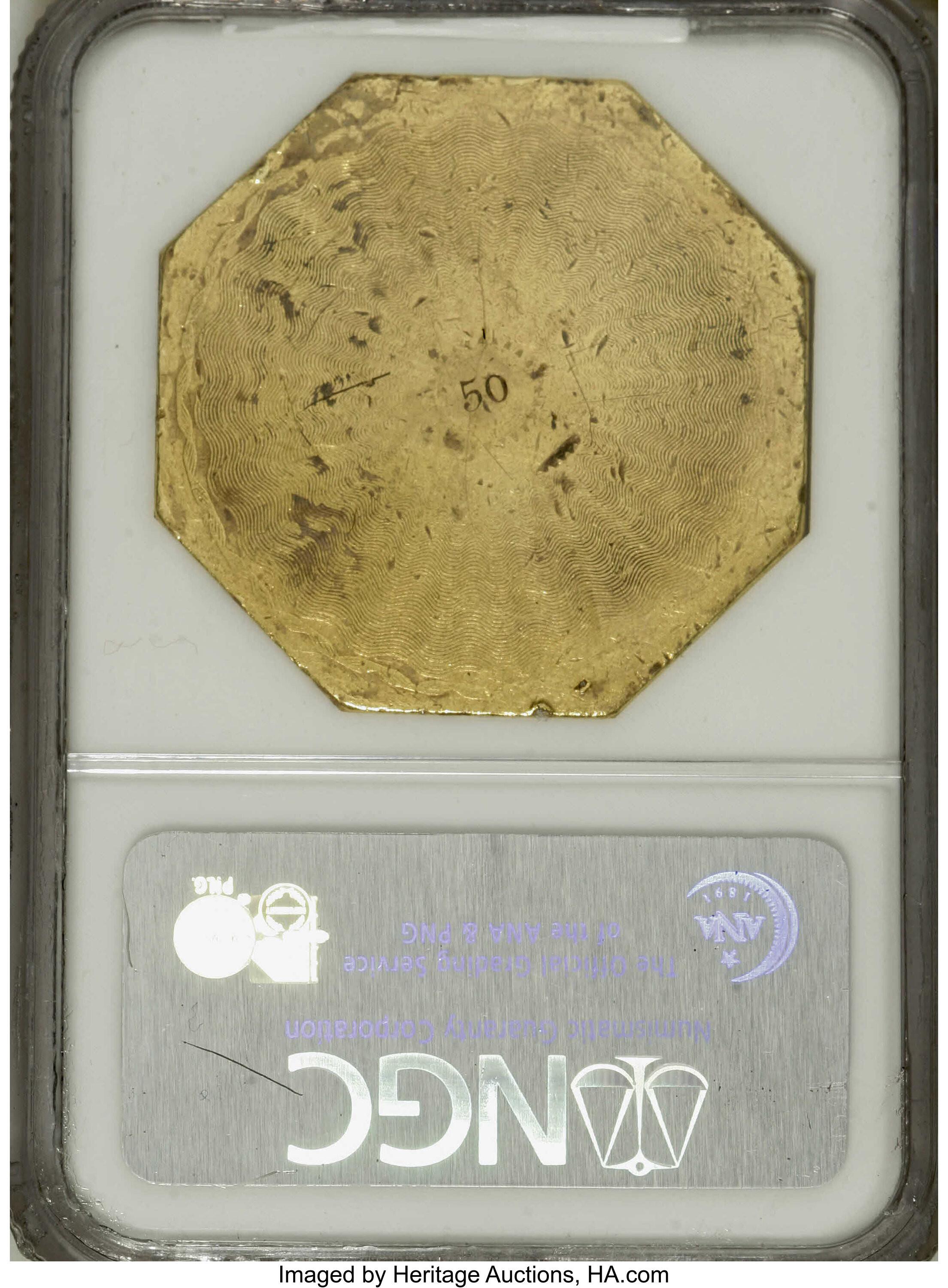 image for: 1851 $50 LE Humbert Fifty Dollar, 887 Thous. 50 Rev. MS60 NGC. Kagin-4, High R.5. This is an important example of Californi...