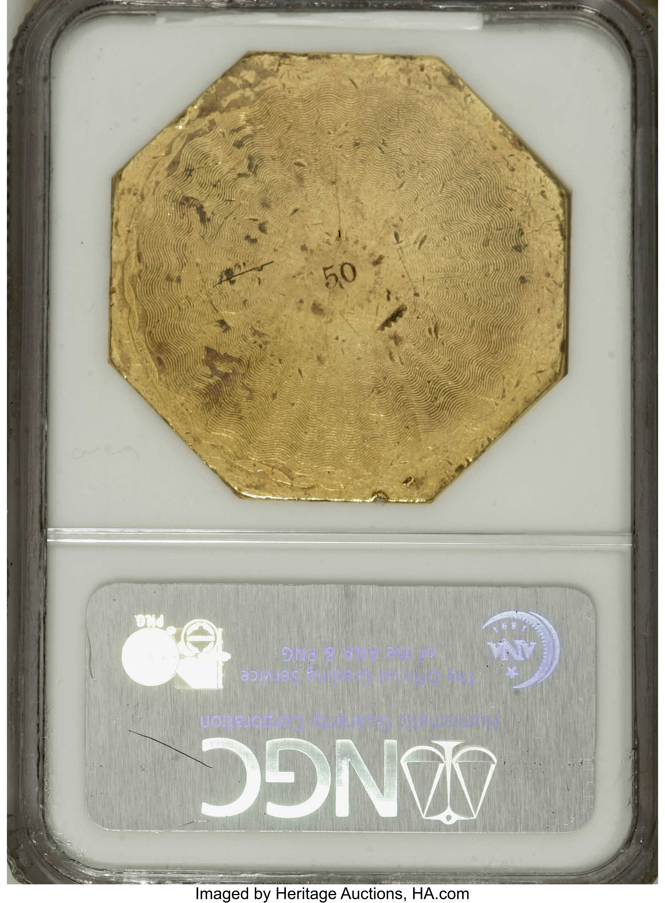 image for: 1851 $50 LE Humbert Fifty Dollar, 887 Thous. 50 Rev. MS60 NGC. Kagin-4, High R.5. This is an important example of Californi...