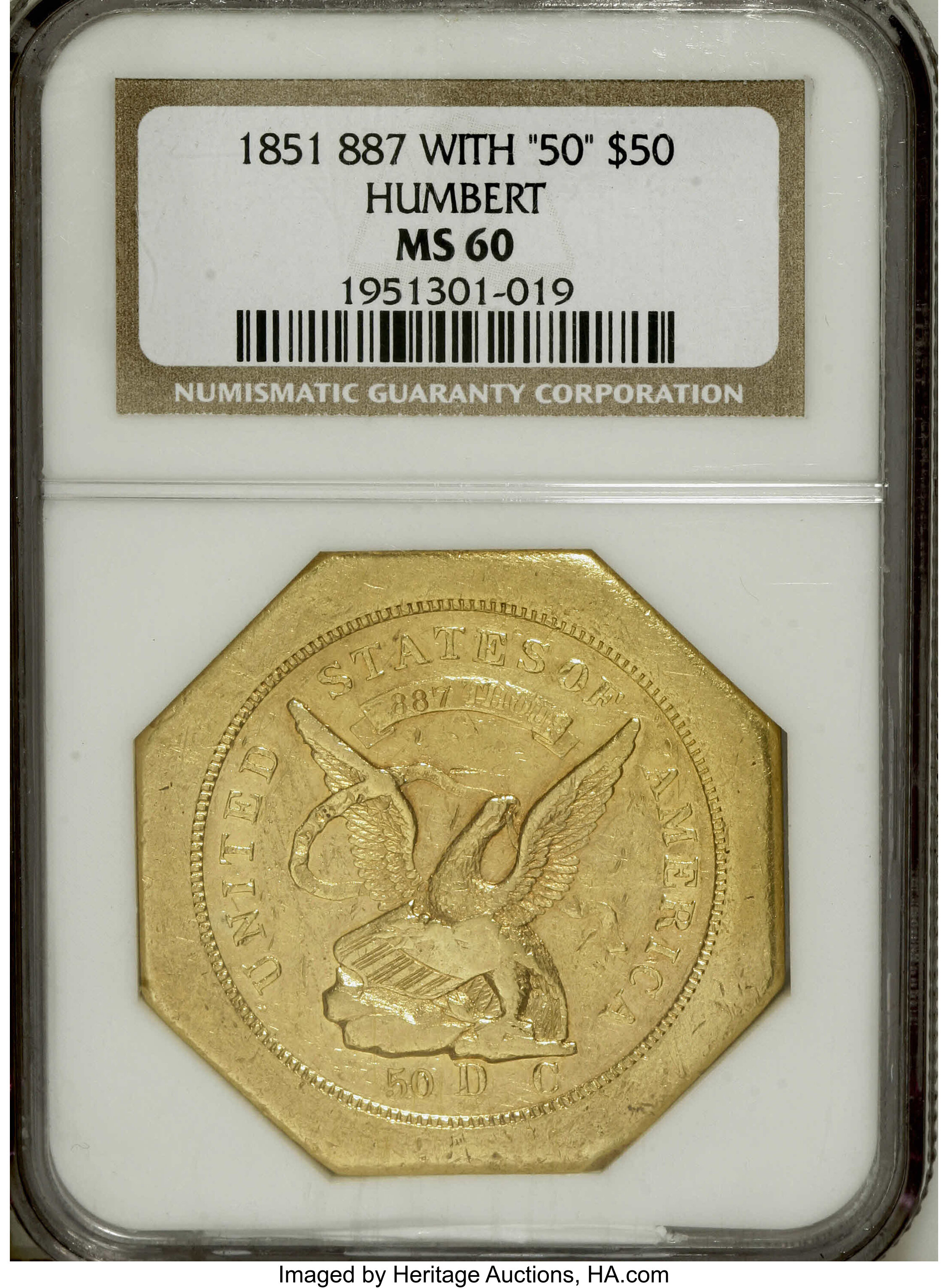 image for: 1851 $50 LE Humbert Fifty Dollar, 887 Thous. 50 Rev. MS60 NGC. Kagin-4, High R.5. This is an important example of Californi...