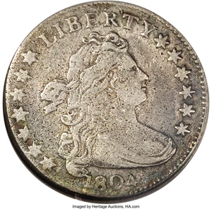 image for: 1804 10C 14 Stars on Reverse--Damaged, Cleaned--ANACS. Fine 15 Details. JR-2, R.5. The 1 in the date touches the curl, and ...