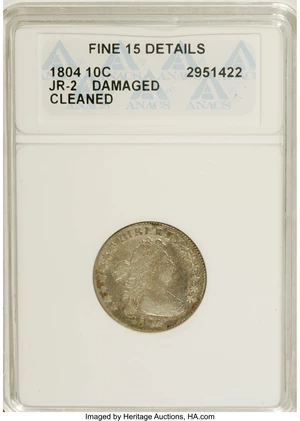 image for: 1804 10C 14 Stars on Reverse--Damaged, Cleaned--ANACS. Fine 15 Details. JR-2, R.5. The 1 in the date touches the curl, and ...