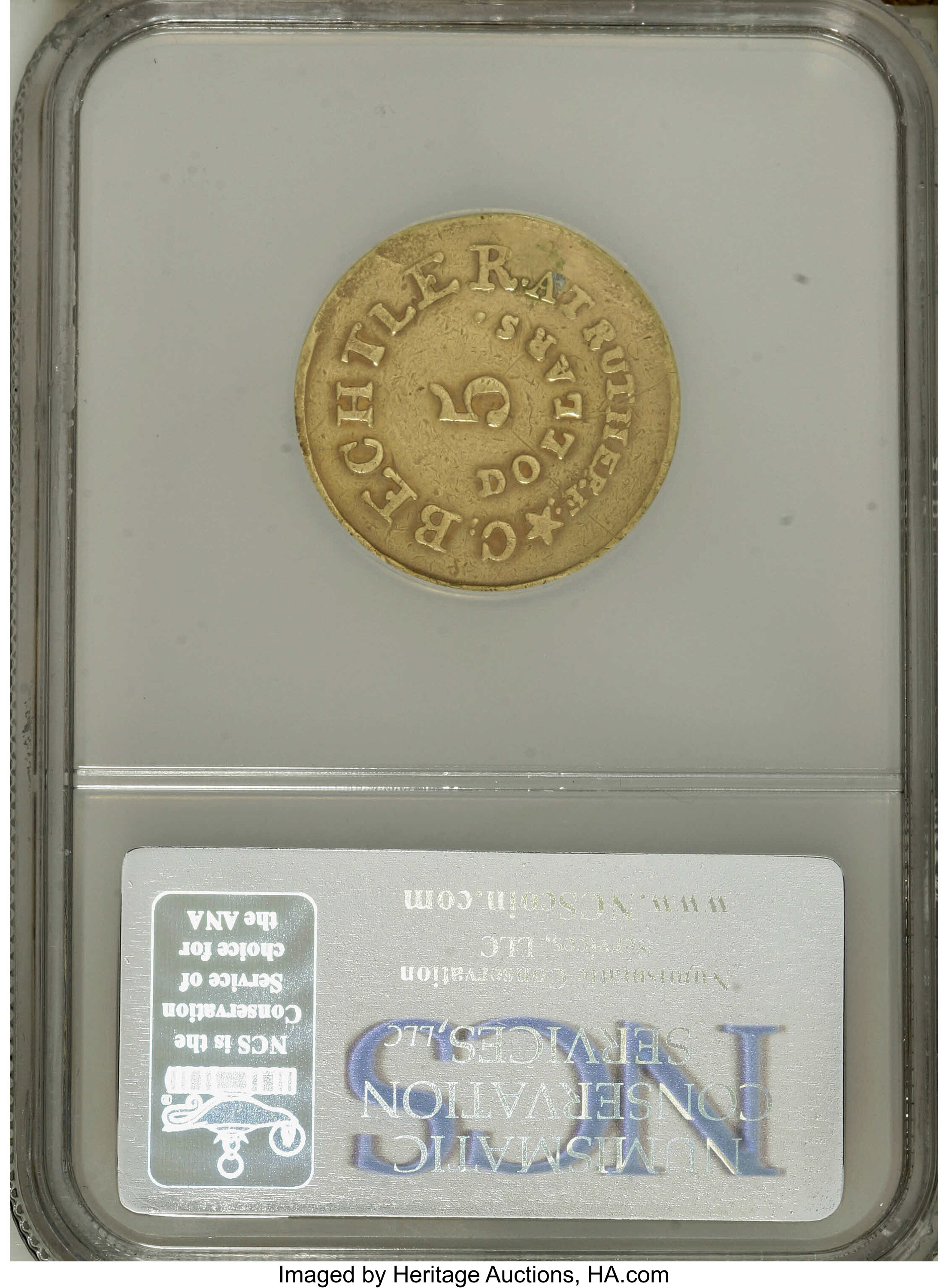 image for: (1837-42) $5 C. Bechtler Five Dollar, 134G, With Star--Plugged--NCS. XF Details. K-20, R.4. Plugged and repaired near the R...