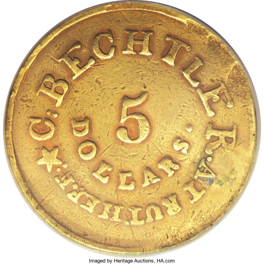 image for: (1837-42) $5 C. Bechtler Five Dollar, 134G, With Star--Plugged--NCS. XF Details. K-20, R.4. Plugged and repaired near the R...