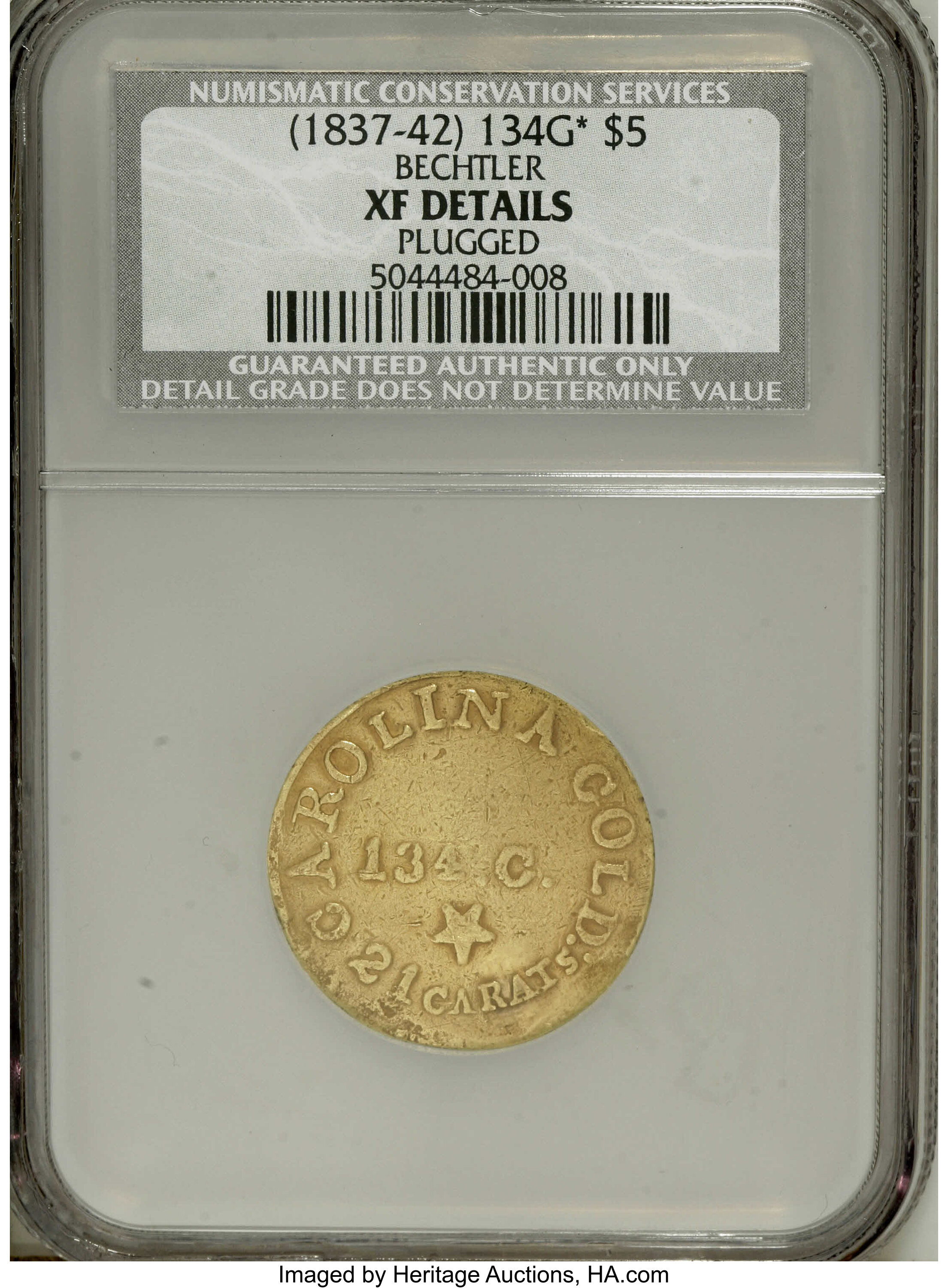 image for: (1837-42) $5 C. Bechtler Five Dollar, 134G, With Star--Plugged--NCS. XF Details. K-20, R.4. Plugged and repaired near the R...