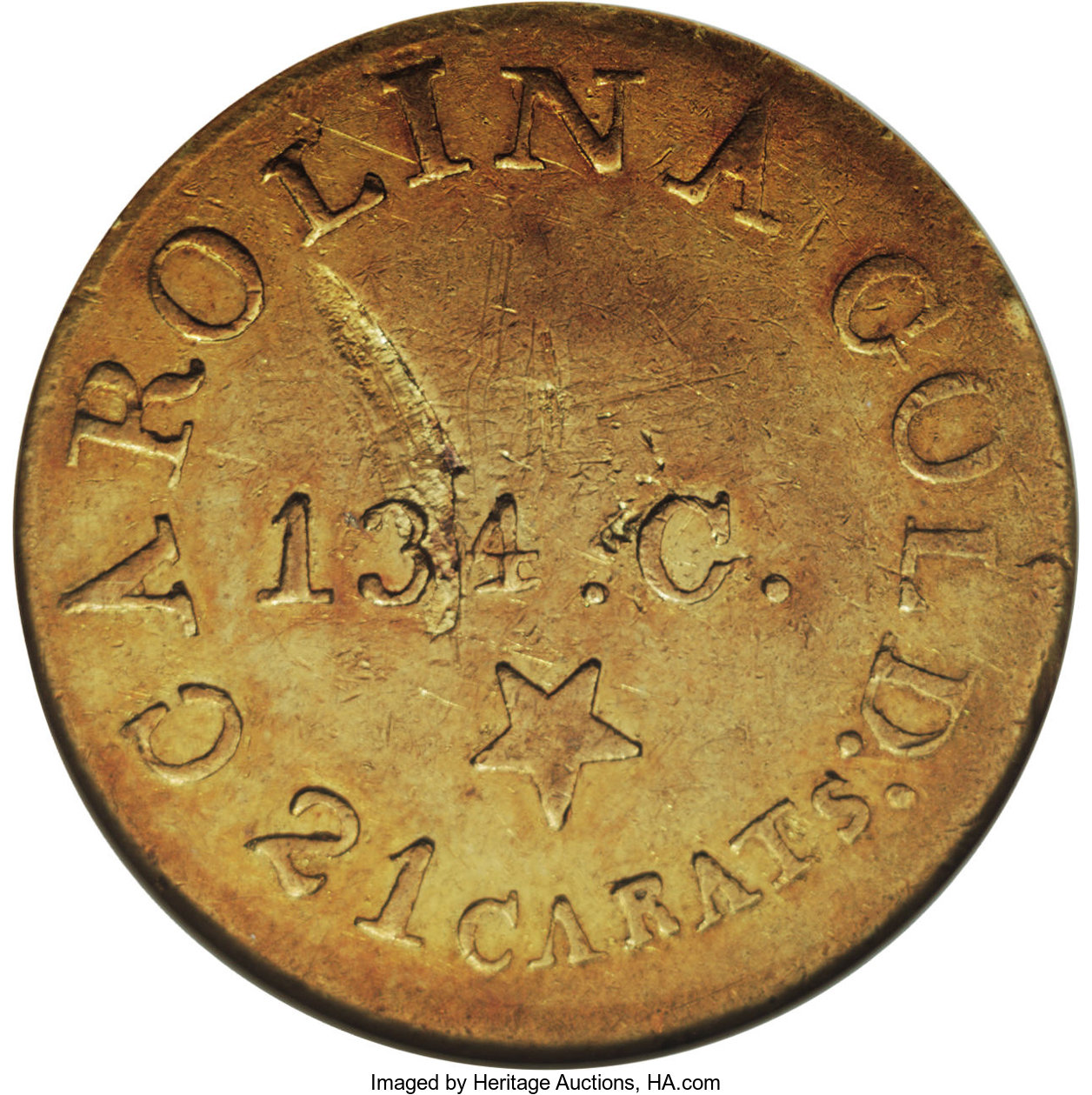 image for: (1837-42) $5 C. Bechtler Five Dollar, 134G, With Star--Cleaned, Lamination--ANACS. XF45 Details. K-20, R.4. This rotated di...