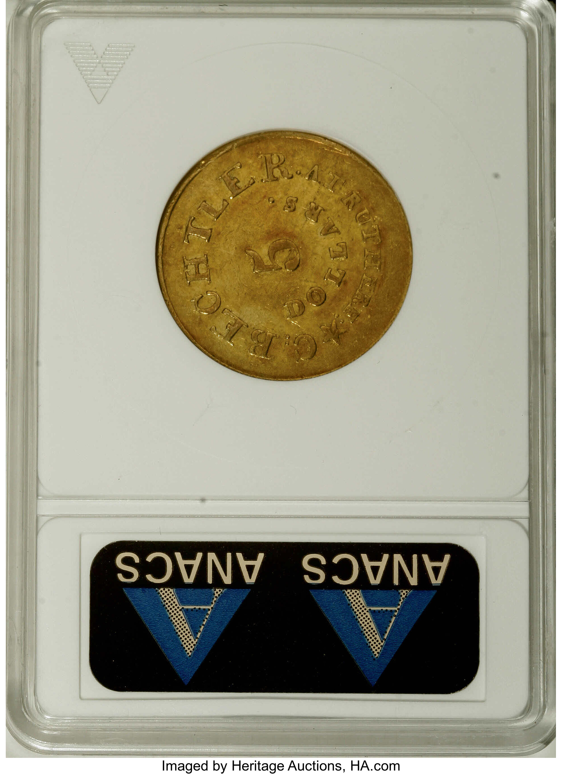 image for: (1837-42) $5 C. Bechtler Five Dollar, 134G, With Star--Cleaned, Lamination--ANACS. XF45 Details. K-20, R.4. This rotated di...