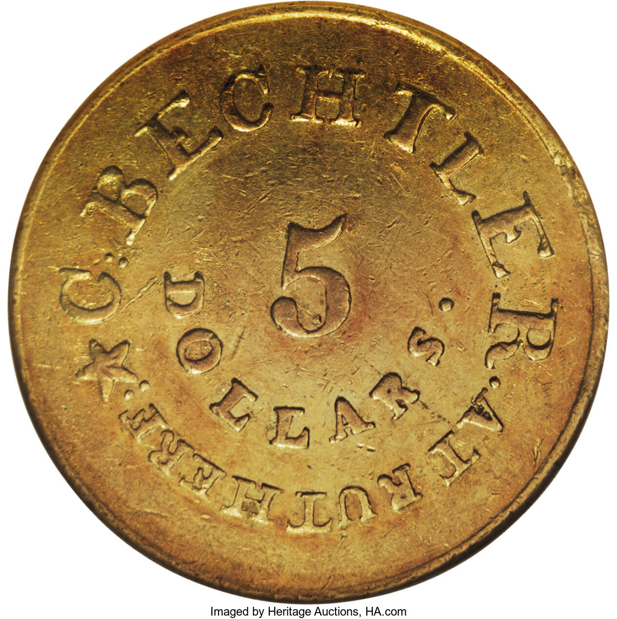 image for: (1837-42) $5 C. Bechtler Five Dollar, 134G, With Star--Cleaned, Lamination--ANACS. XF45 Details. K-20, R.4. This rotated di...