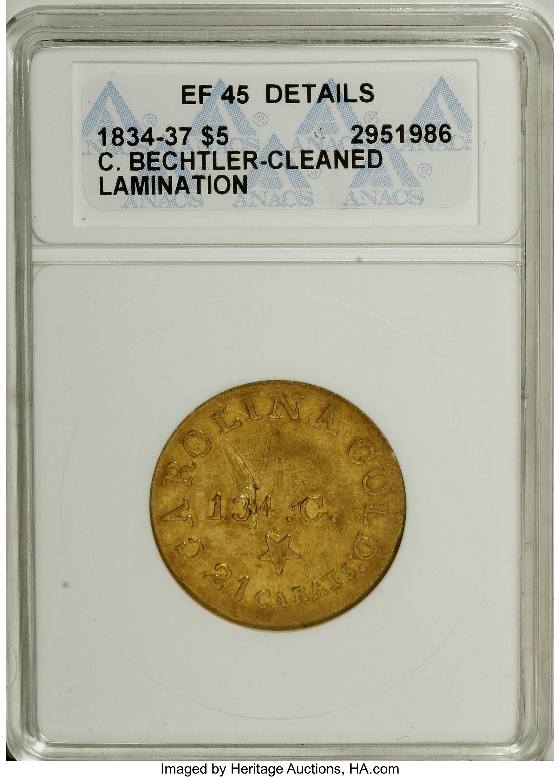 image for: (1837-42) $5 C. Bechtler Five Dollar, 134G, With Star--Cleaned, Lamination--ANACS. XF45 Details. K-20, R.4. This rotated di...