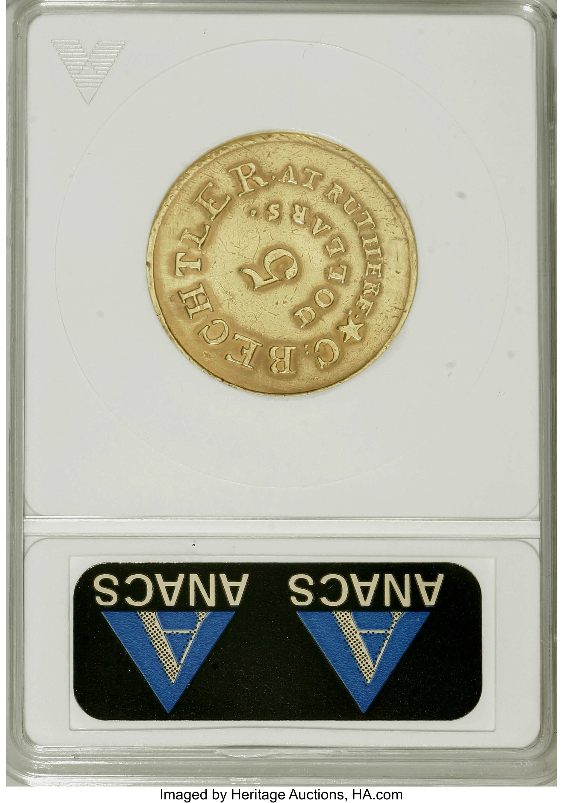 image for: (1837-42) $5 C. Bechtler Five Dollar, RUTHERF:--Repaired, Cleaned--ANACS. VF30 Details. K-23, High R.6. A rare Guide Book...