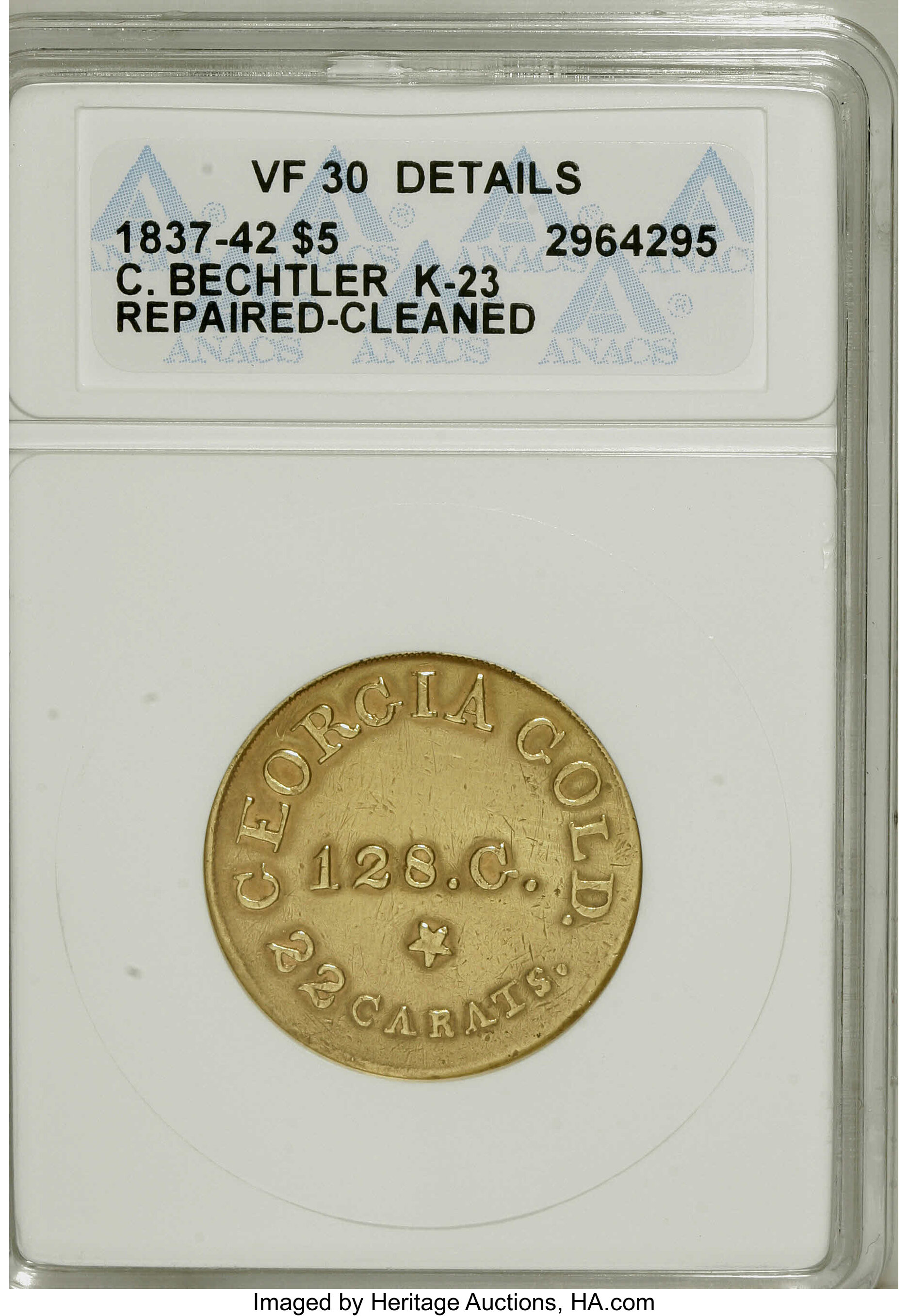 image for: (1837-42) $5 C. Bechtler Five Dollar, RUTHERF:--Repaired, Cleaned--ANACS. VF30 Details. K-23, High R.6. A rare Guide Book...