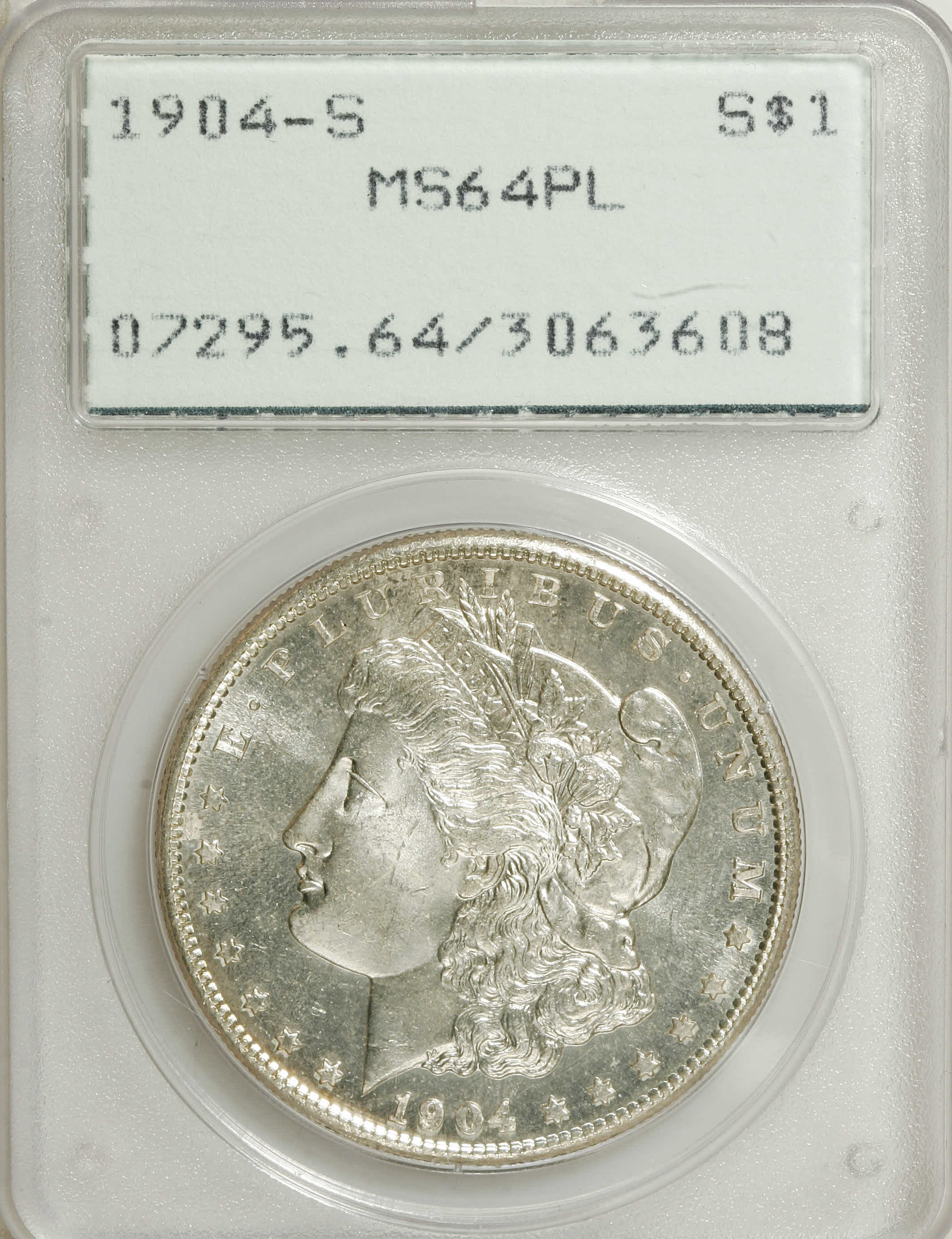 image for: 1904-S $1 MS64 Prooflike PCGS. Moderate contrast is noted on each side, with deeply mirrored ...