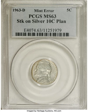 image for: 1963-D 5C Nickel--Struck on a Silver 10C Planchet--MS63 PCGS. PCGS Population (30/135). NGC Census: (2/55). Mintage: 276,829...