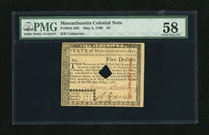 image for: Massachusetts May 5, 1780 $5 PMG Choice About Unc 58, HOC.