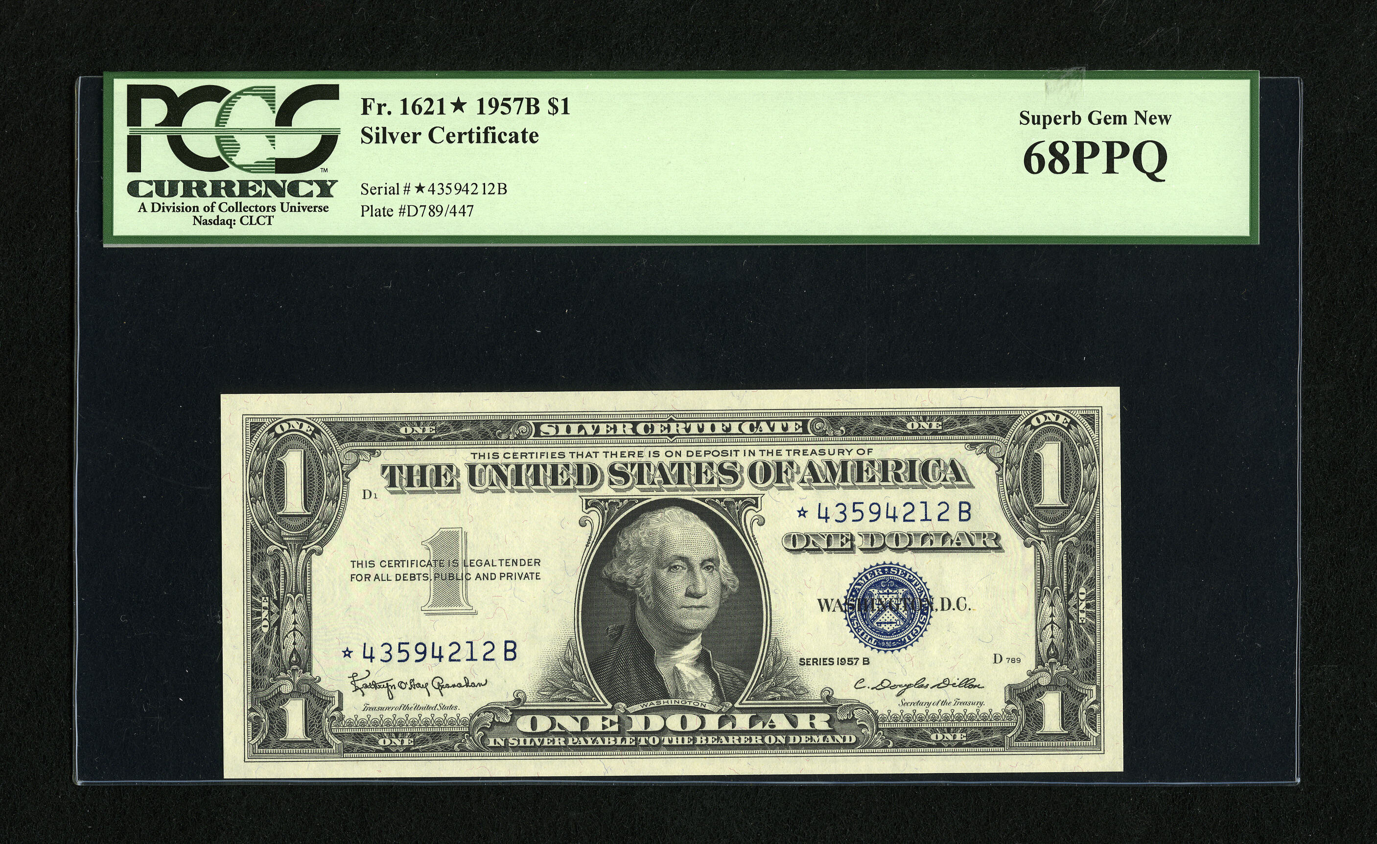 image for: Fr. 1621* $1 1957B Silver Certificate Star. PCGS Superb Gem New 68PPQ.We have encountered two other third-party graded not...