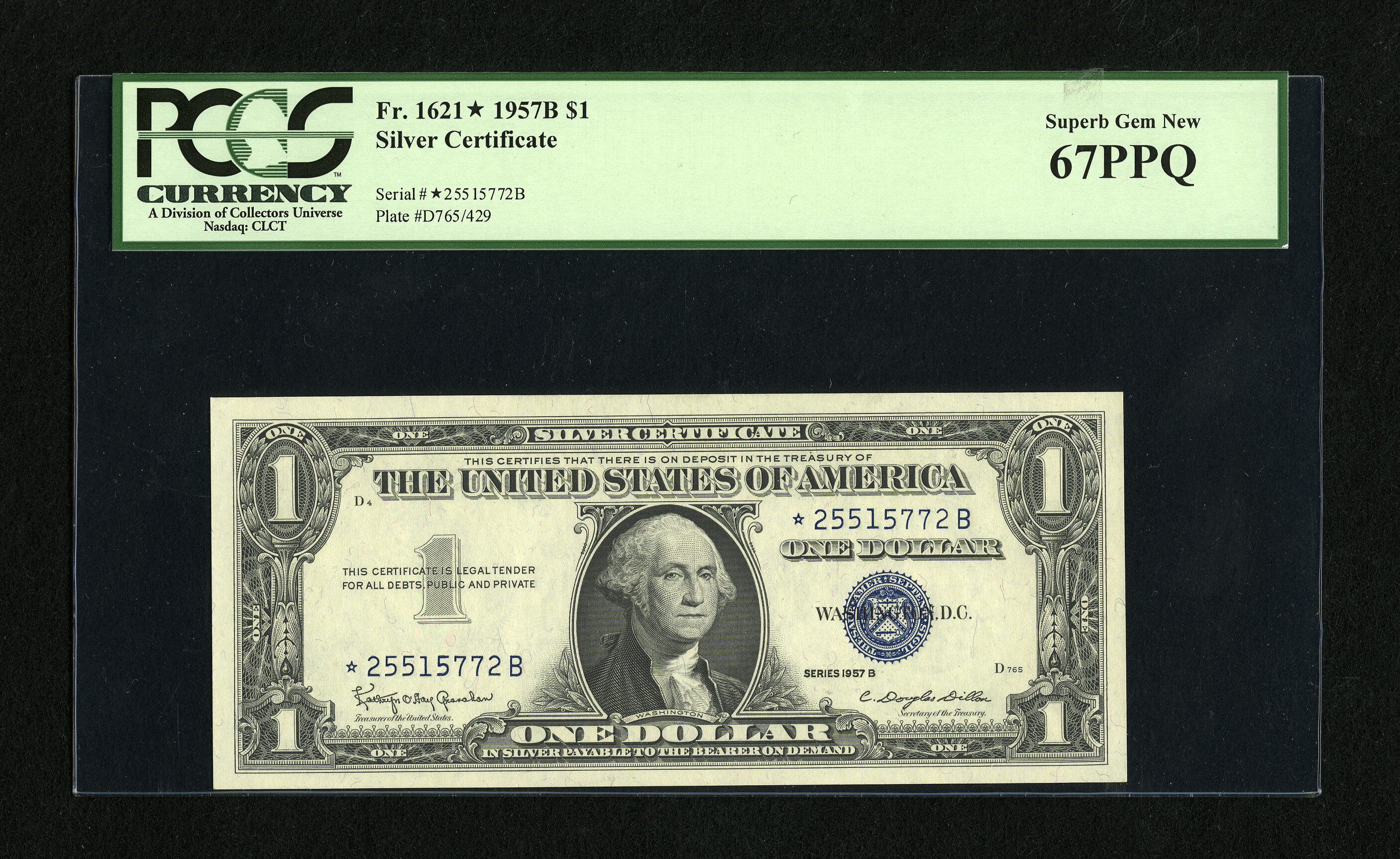 image for: Fr. 1621* $1 1957B Silver Certificate Star. PCGS Superb Gem New 67PPQ.Embossing and wide margins are traits of this Star....