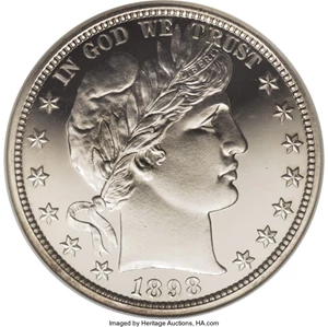 image for: 1898 50C PR68 Ultra Cameo NGC. This is a pristine, virtually black-and-white beauty with the barest hint of gold color near...