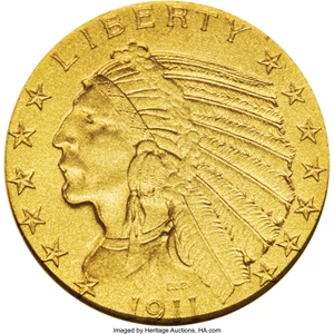 image for: 1911 $5 PR66 NGC. This is a finely grained Gem matte proof example with the usual mustard-yellow color of the date, accente...